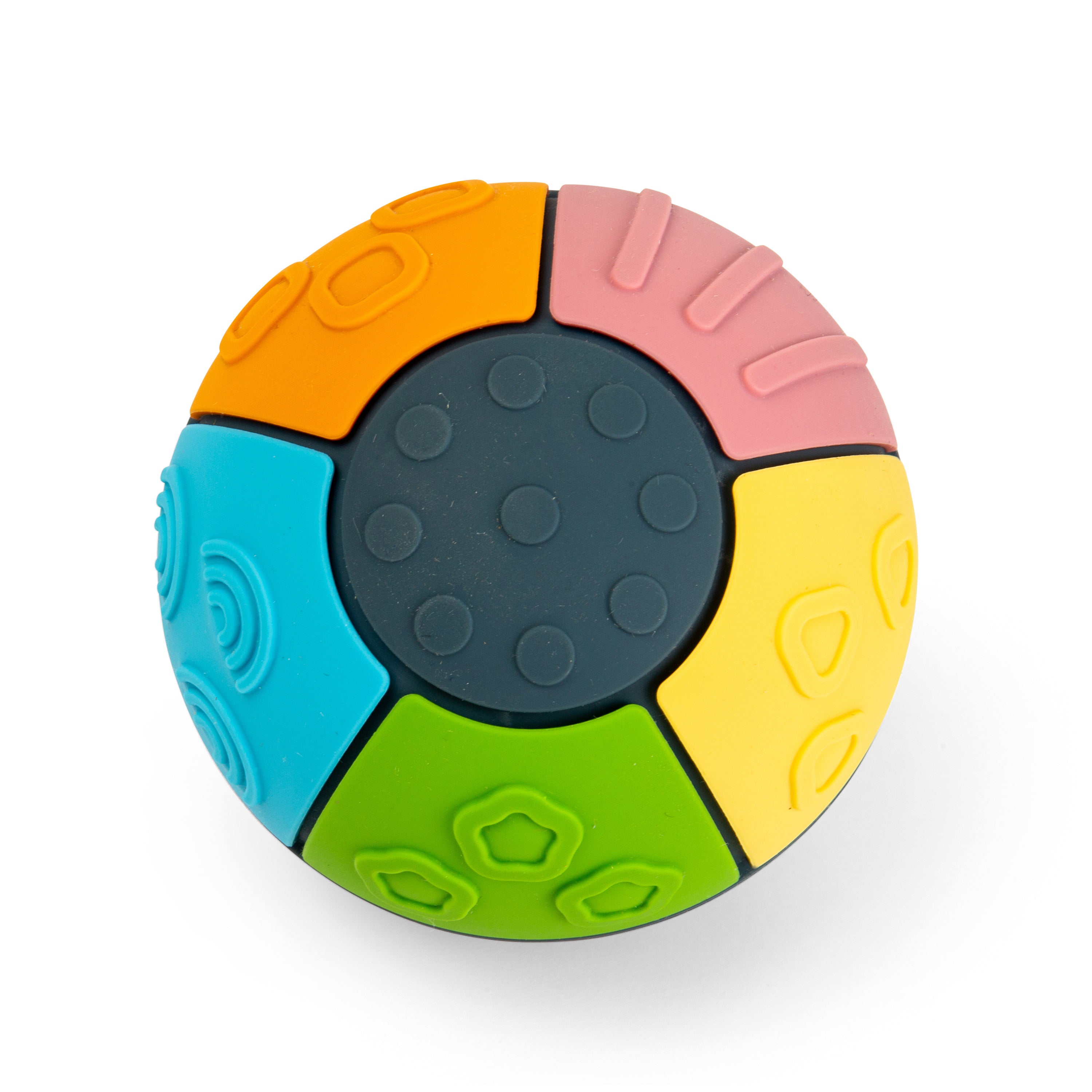 A colorful silicone baby teether ball with textured segments in orange, pink, yellow, green, and blue surrounding a dark gray circular center, shown on a white background.