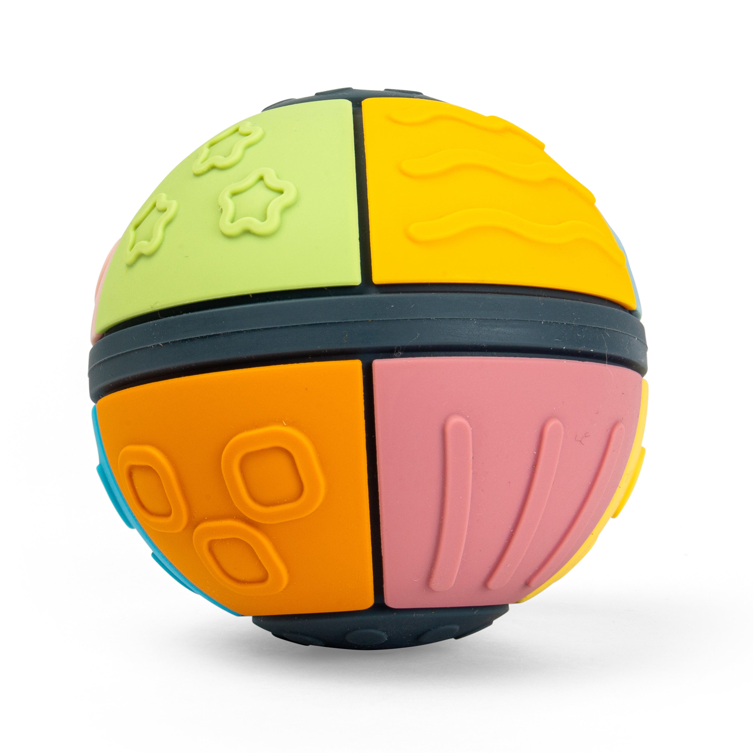 A colorful textured sensory ball toy with four quadrants in light green, yellow, orange, and pink, separated by dark gray bands, shown on a white background.