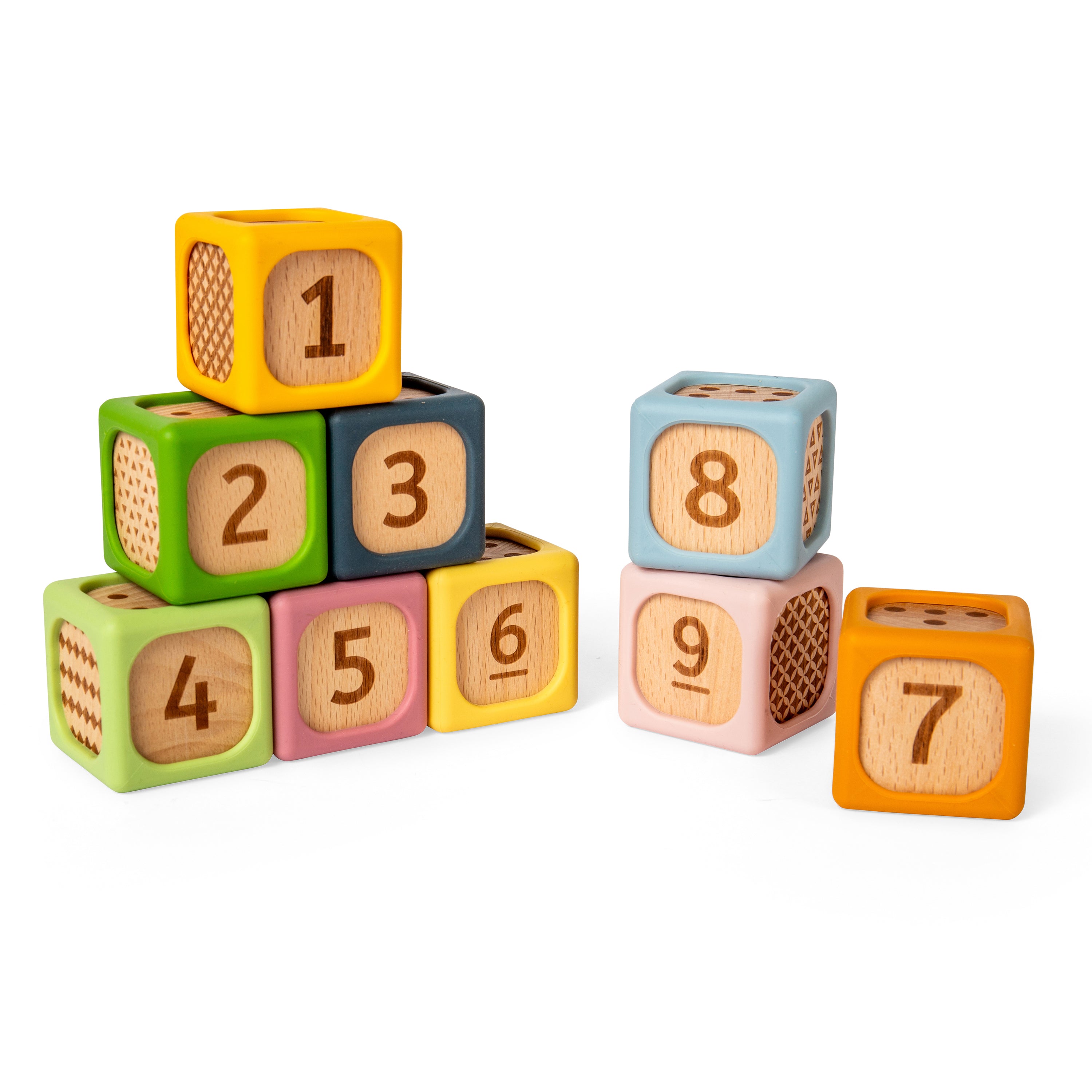 A set of colorful wooden number blocks arranged in two stacks on a white background. The blocks are made of natural wood with printed numbers 1 through 9 on the front faces, and some blocks show dotted number patterns on the side faces.