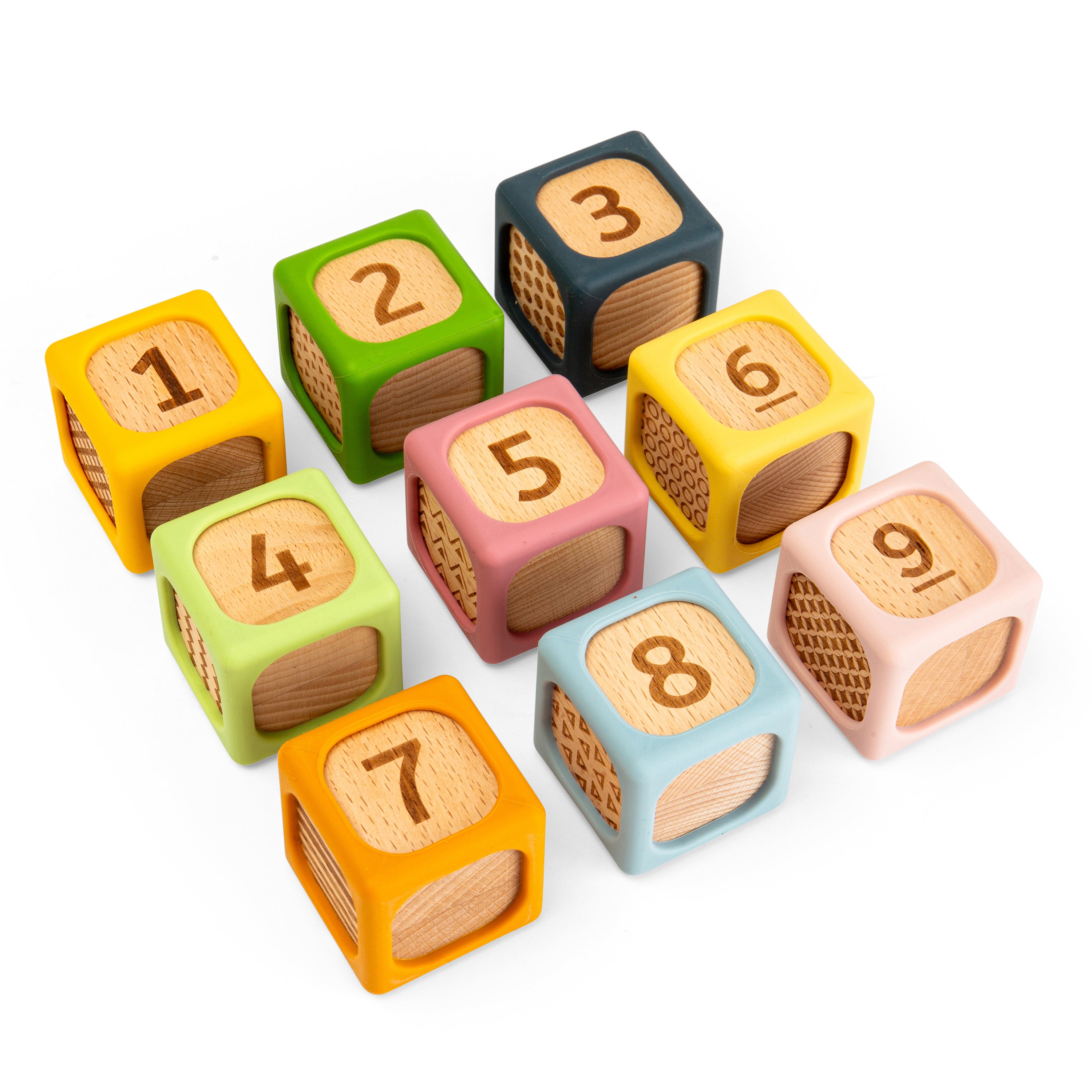 Nine wooden number blocks for children, numbered 1 through 9, in various pastel and bright colors, arranged on a clean white background.