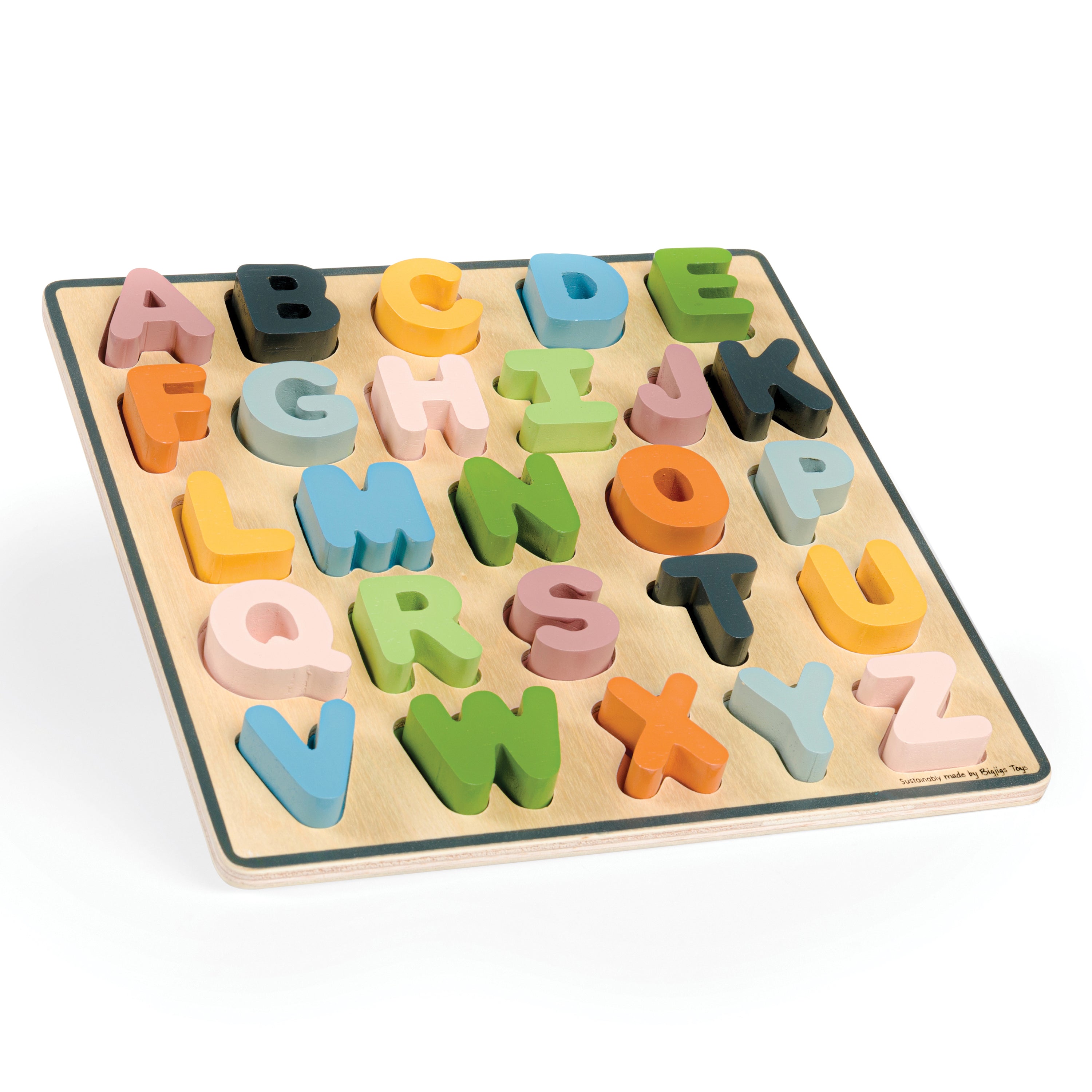 Wooden alphabet puzzle with colorful letters on a white background