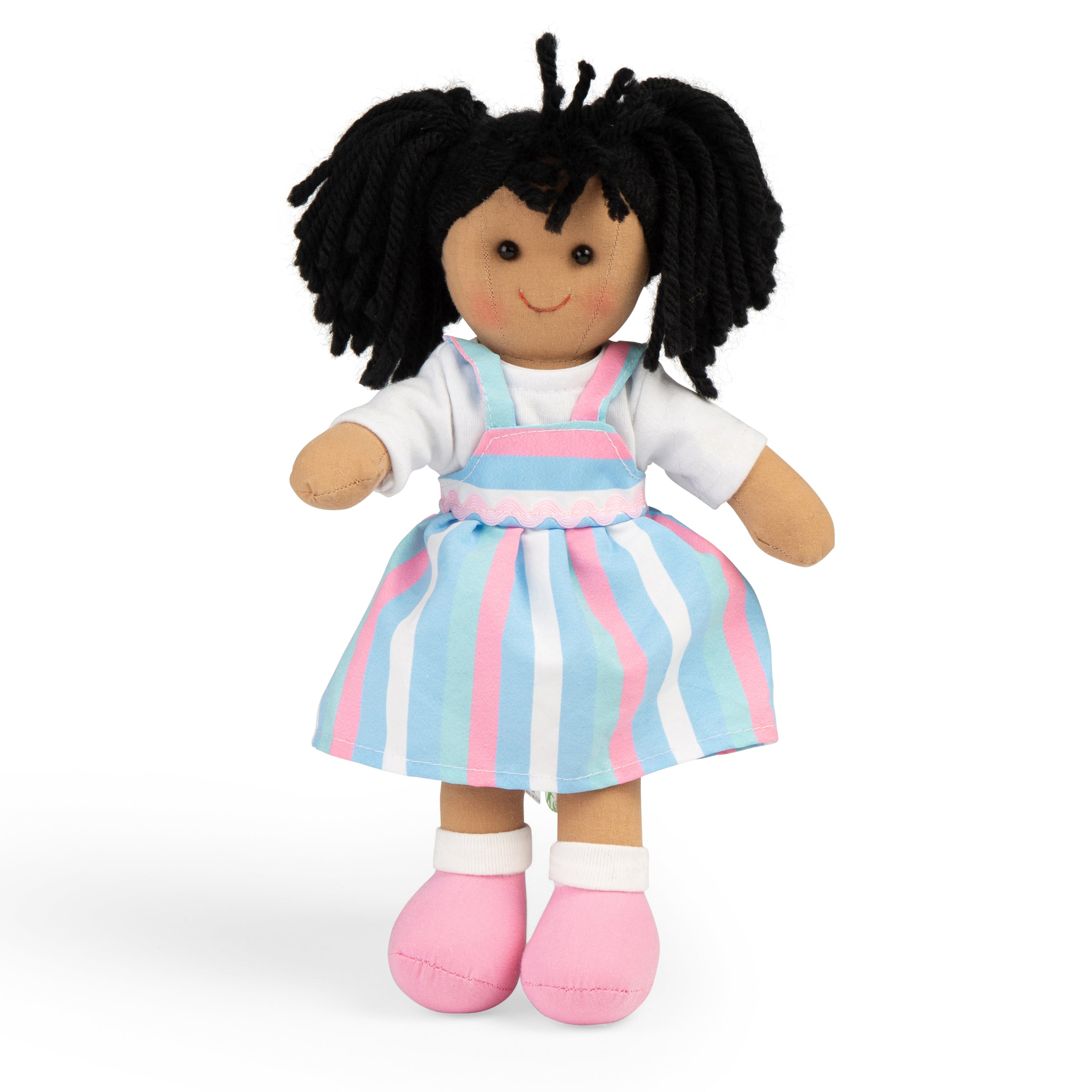 Doll with black hair wearing a white shirt, pink and blue striped dress, and pink shoes on a white background