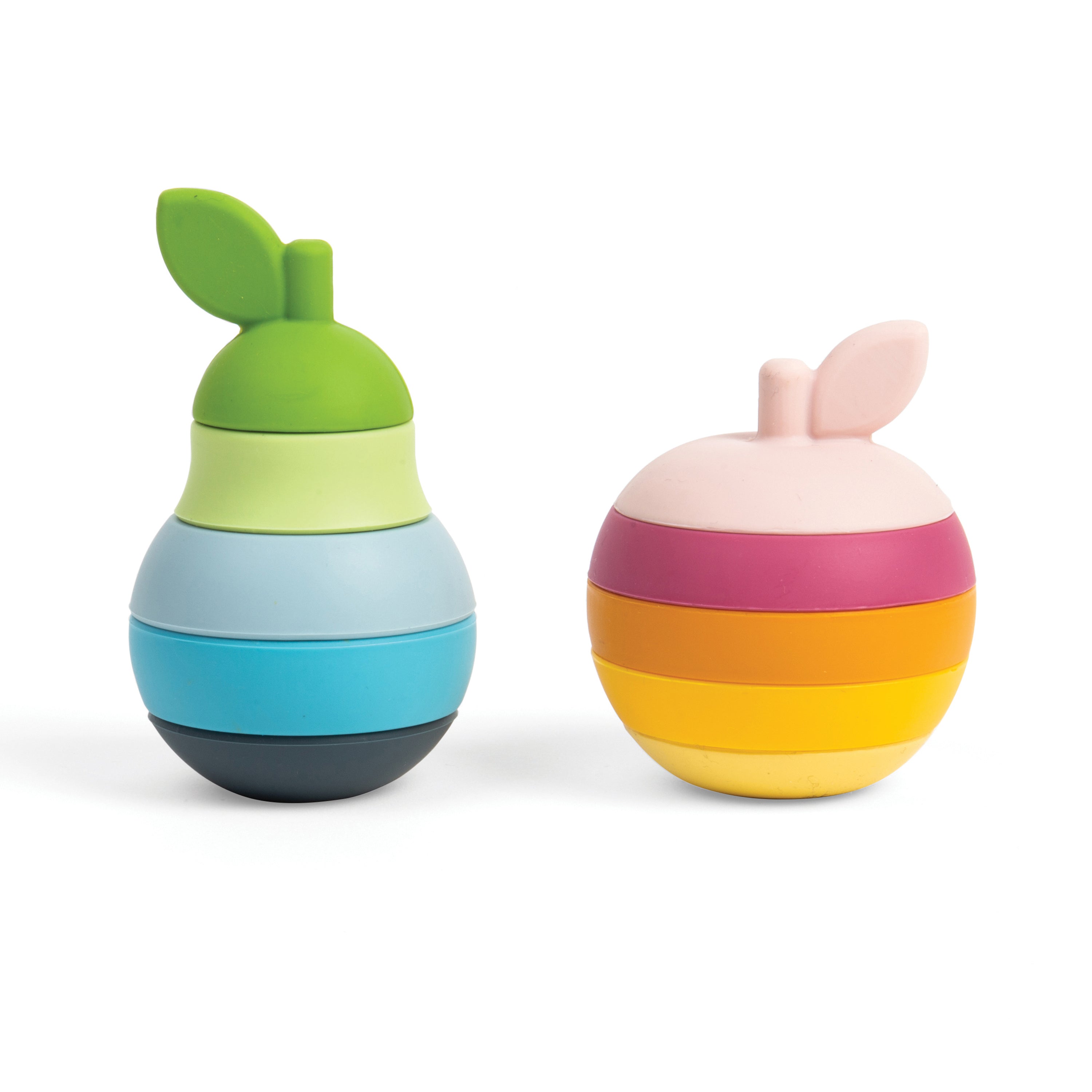 Two colorful children's toys resembling a pear and an apple on a white background