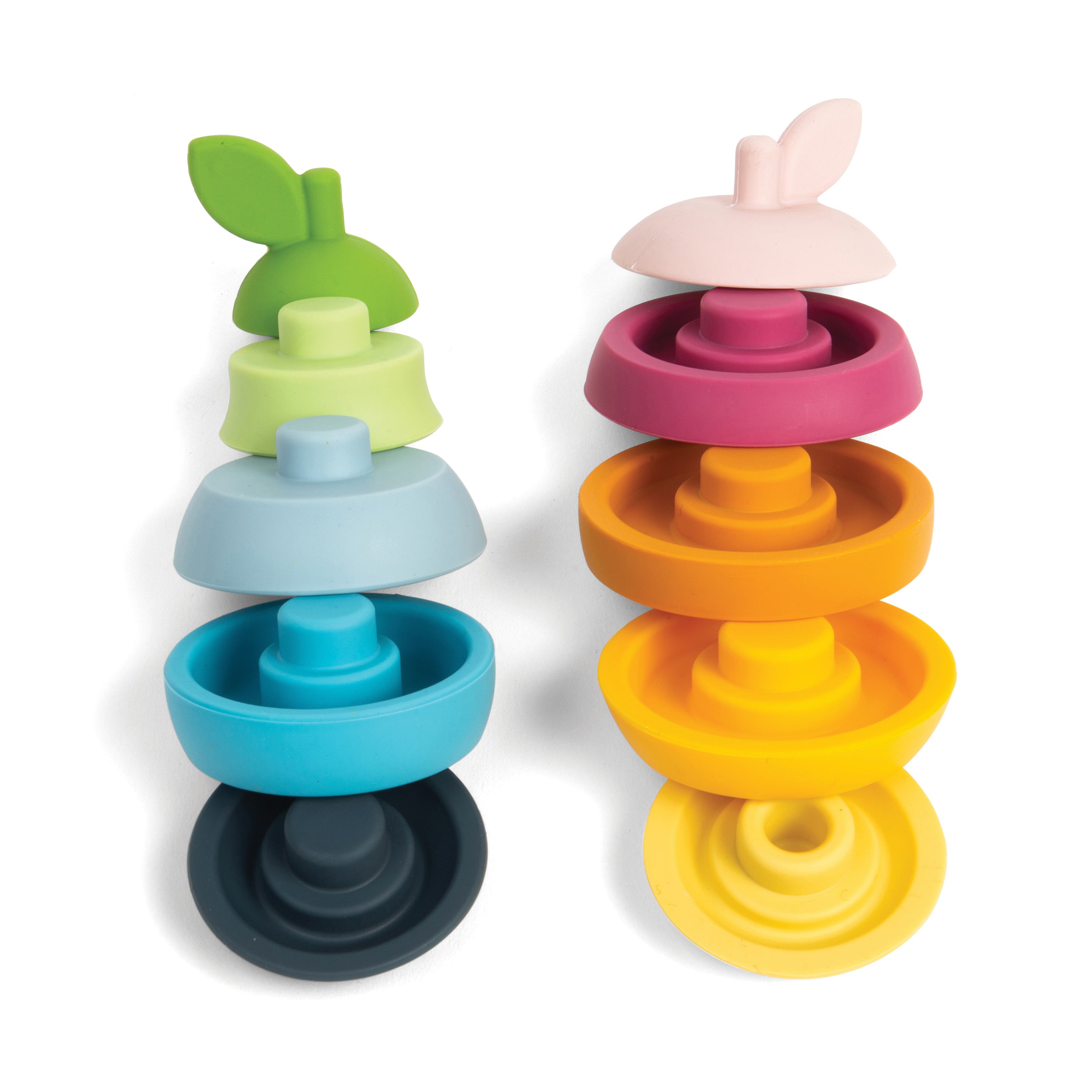 Colorful stackable toy rings on a white background