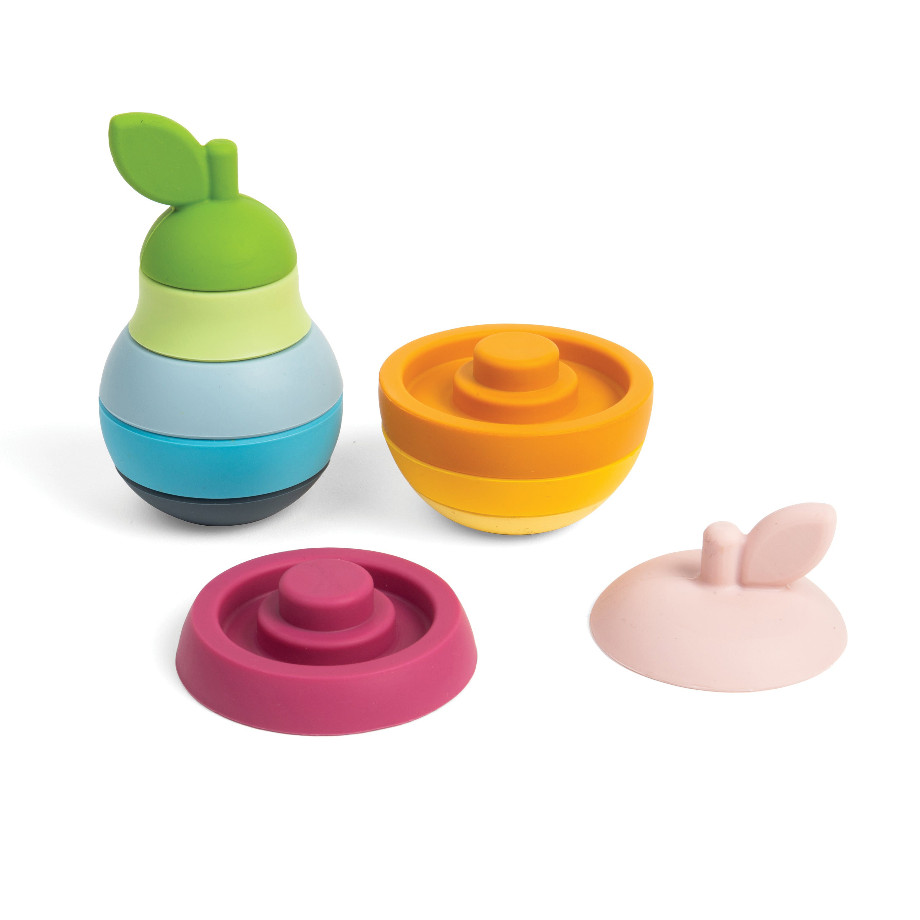 Set of colorful plastic toys on a white background