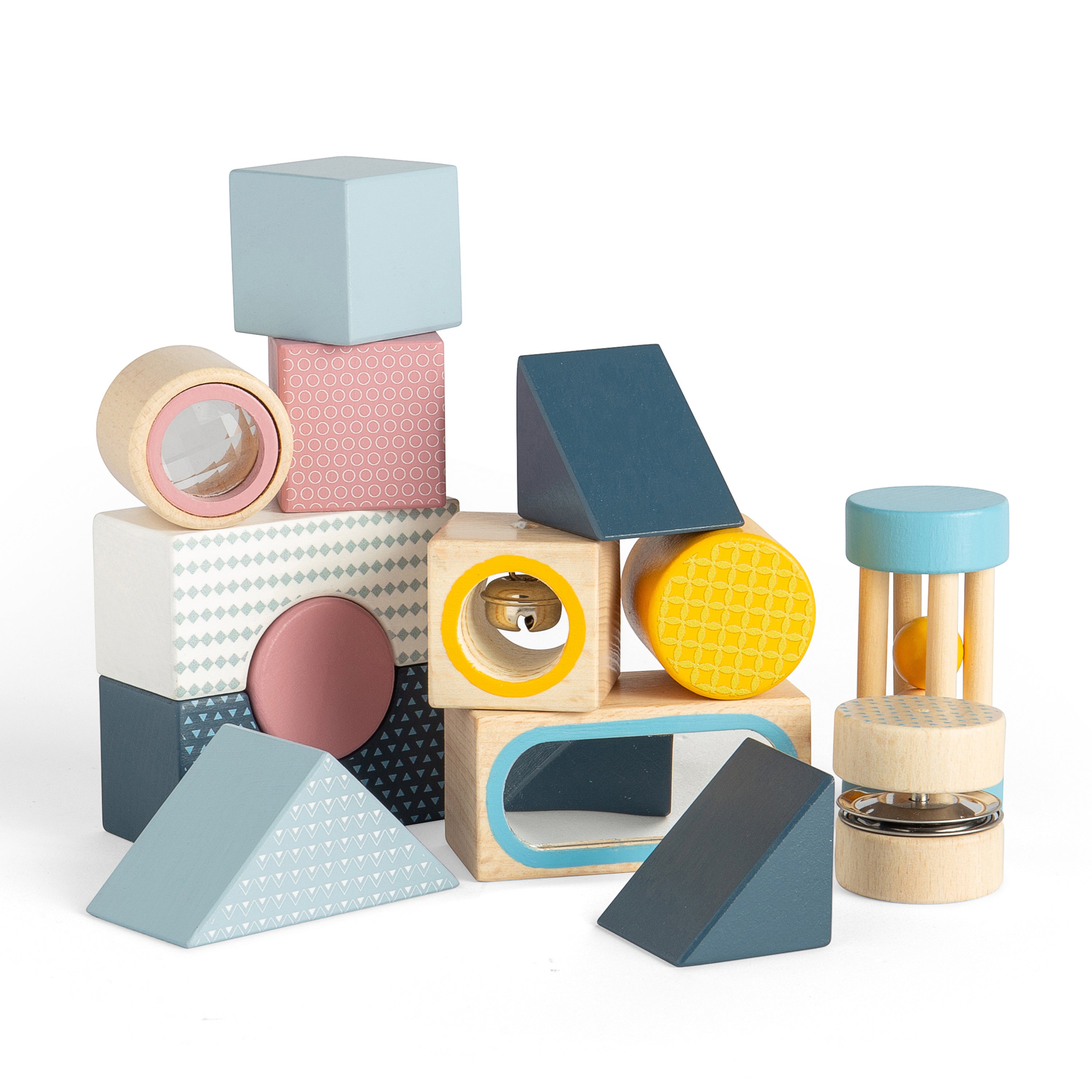 Colorful geometric wooden blocks on a white background