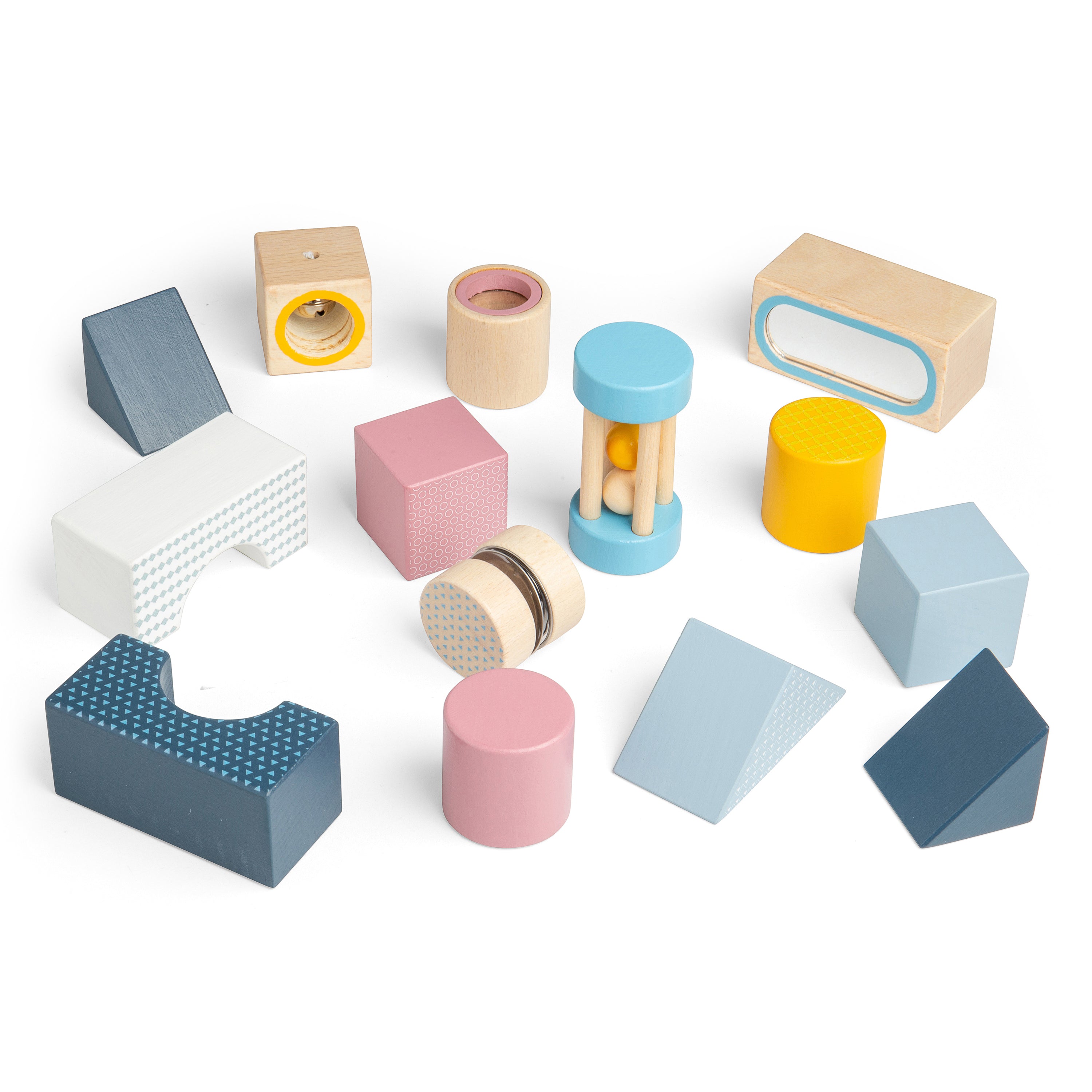 Set of colorful wooden blocks on a white background