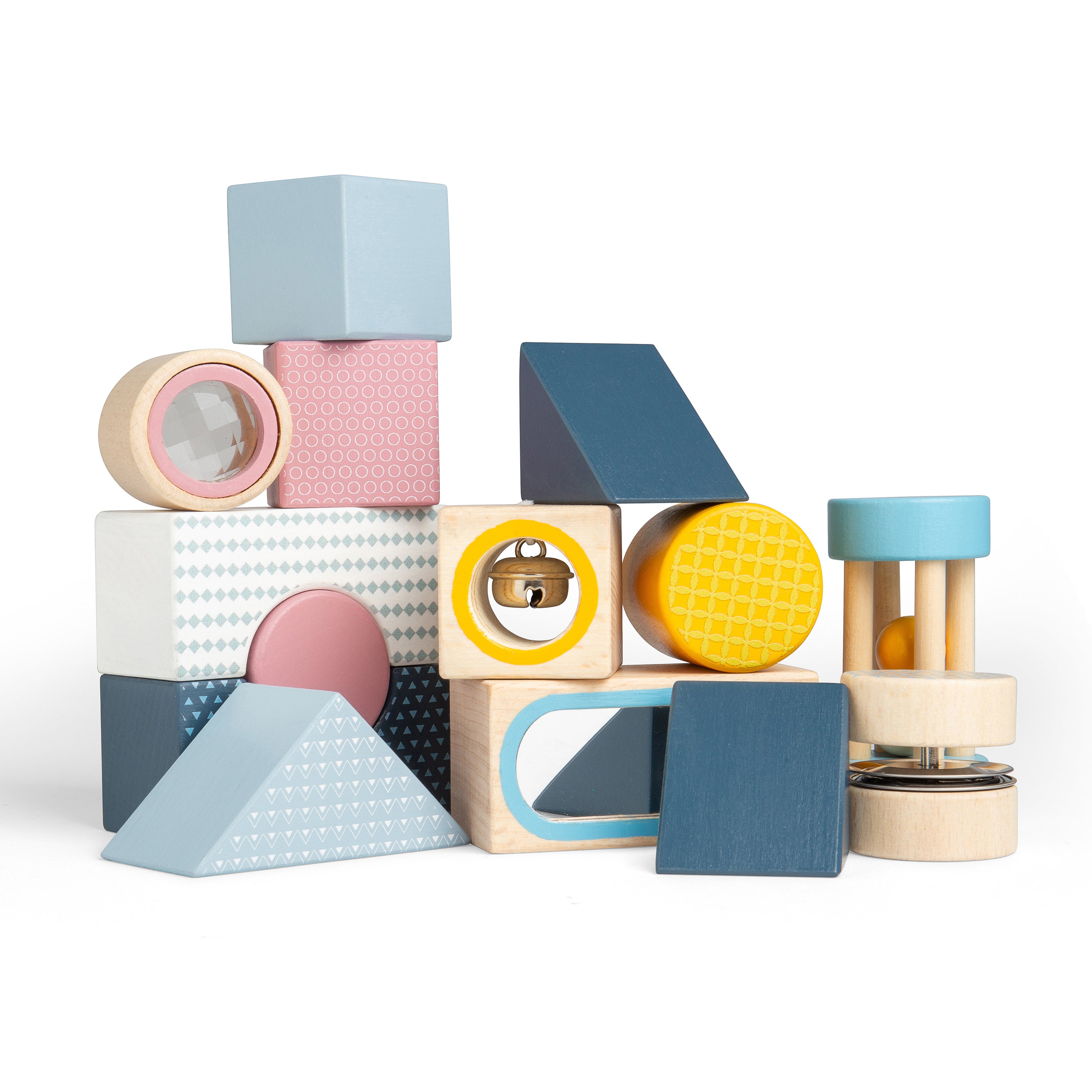 Colorful wooden blocks with geometric shapes on a white background