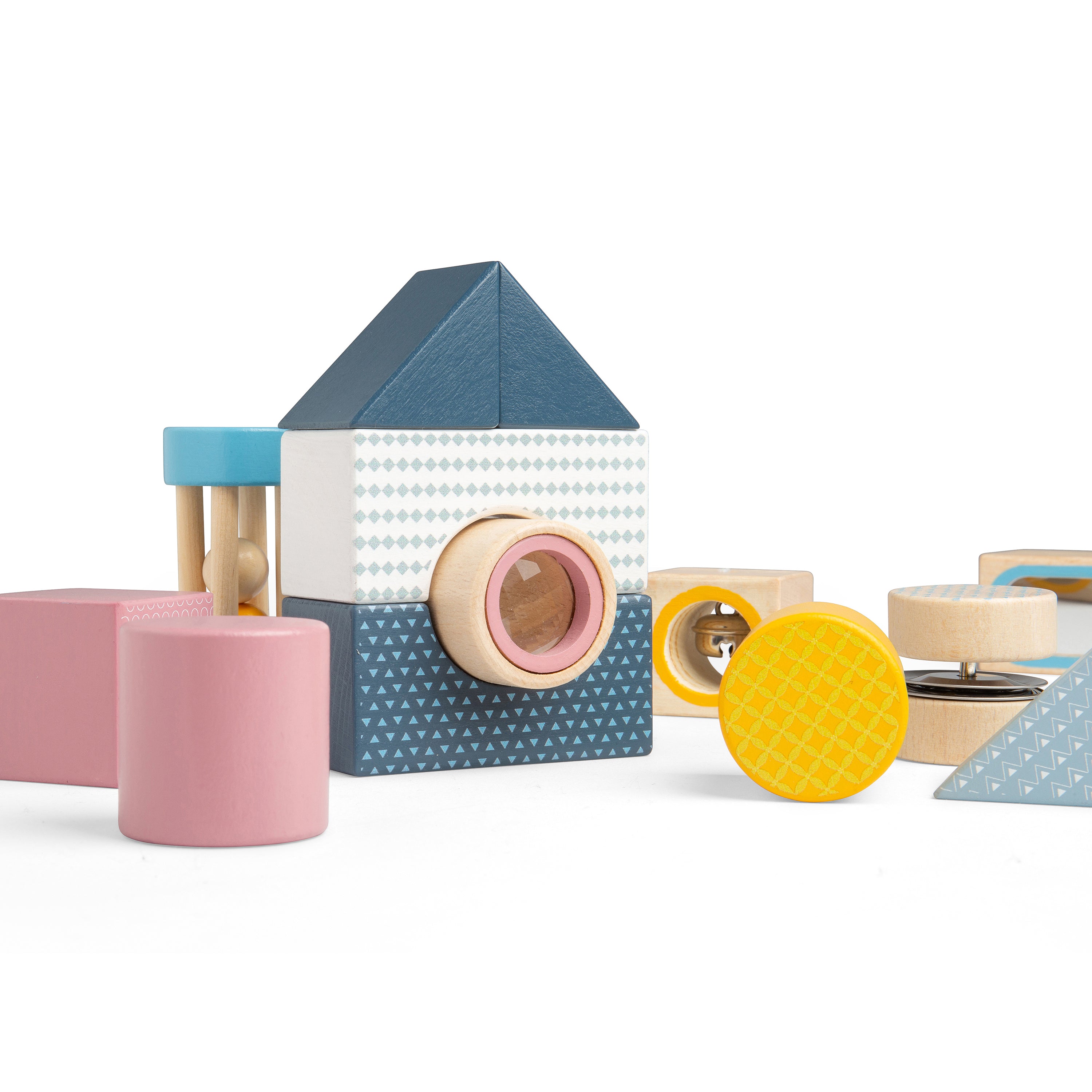 Colorful wooden toy blocks on a white background