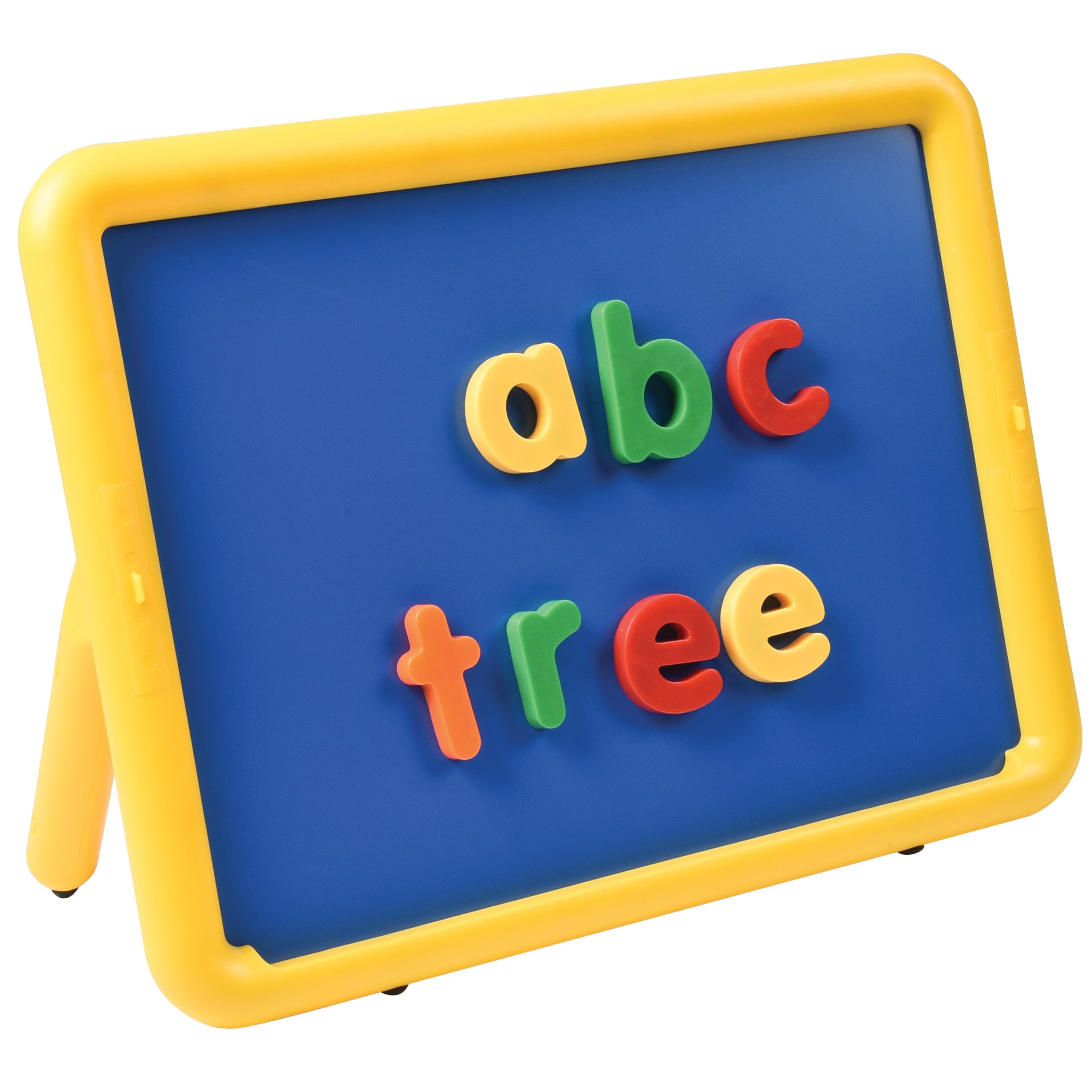 Children's educational board with colorful letters spelling 'abc tree' on a blue background.