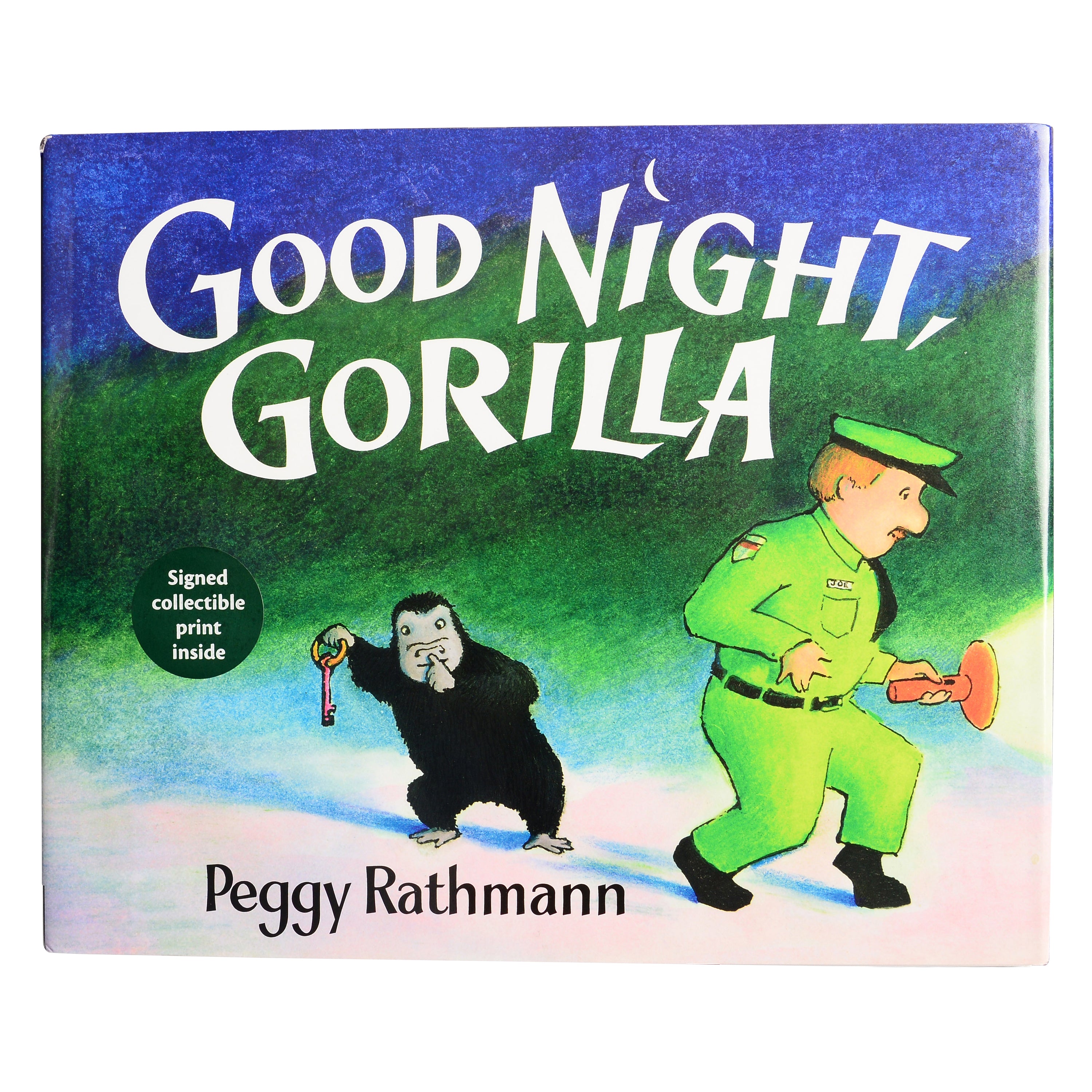Book cover of 'Good Night, Gorilla' by Peggy Rathmann with a cartoon gorilla and police officer.