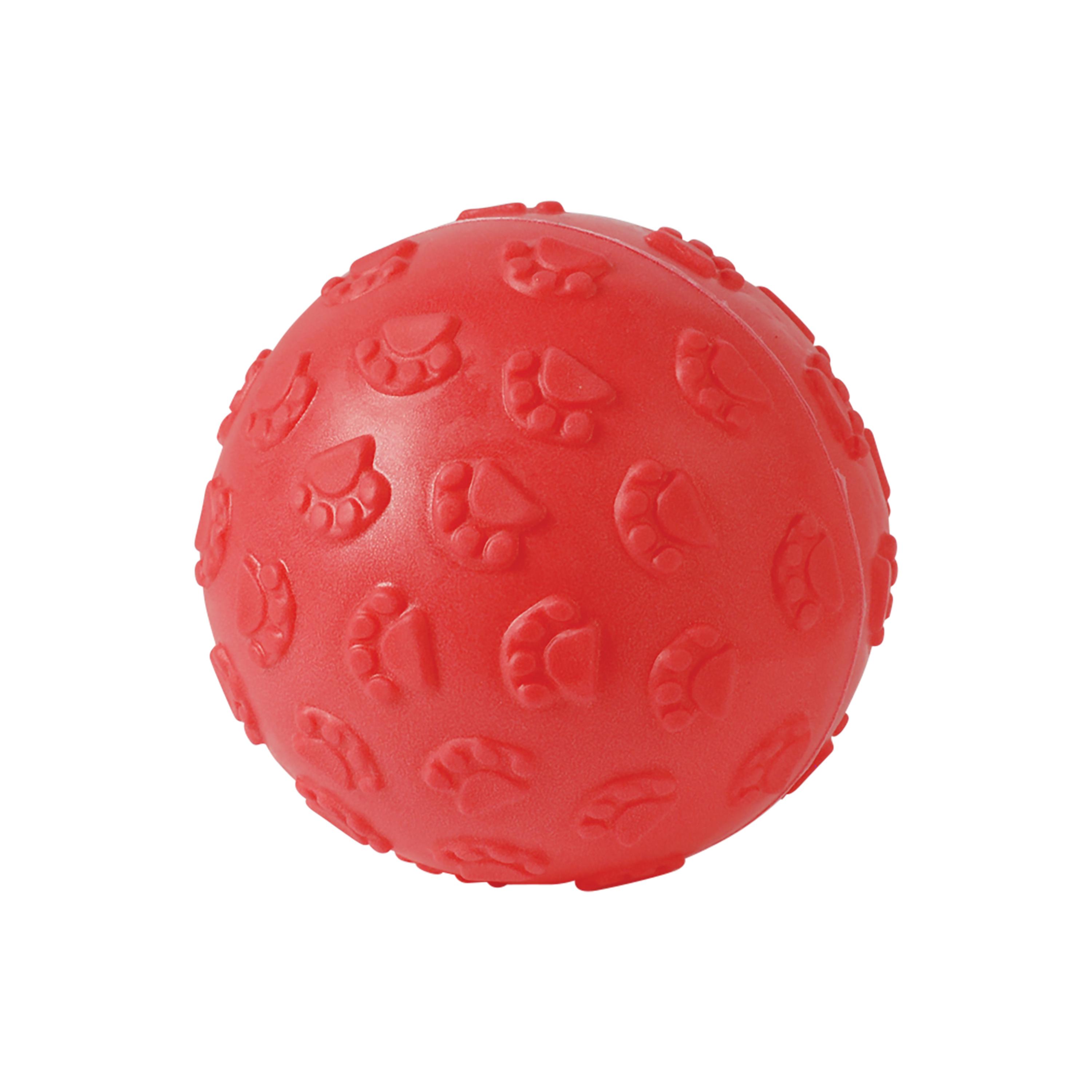 Red ball with paw print patterns on a white background