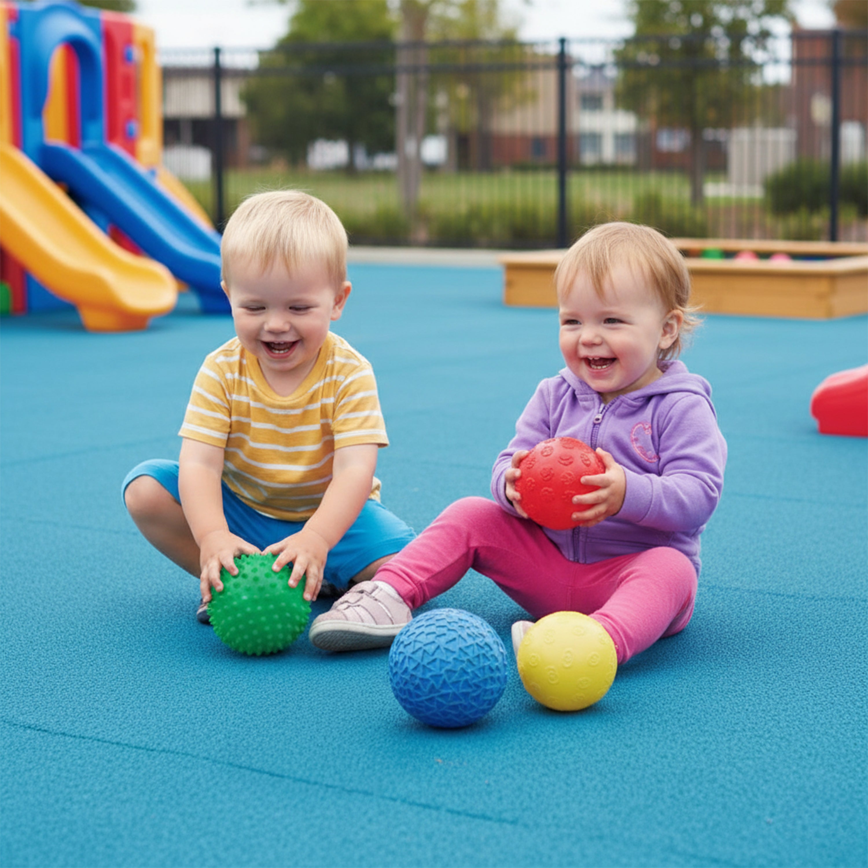 Two children playing with colorful balls on a playground.