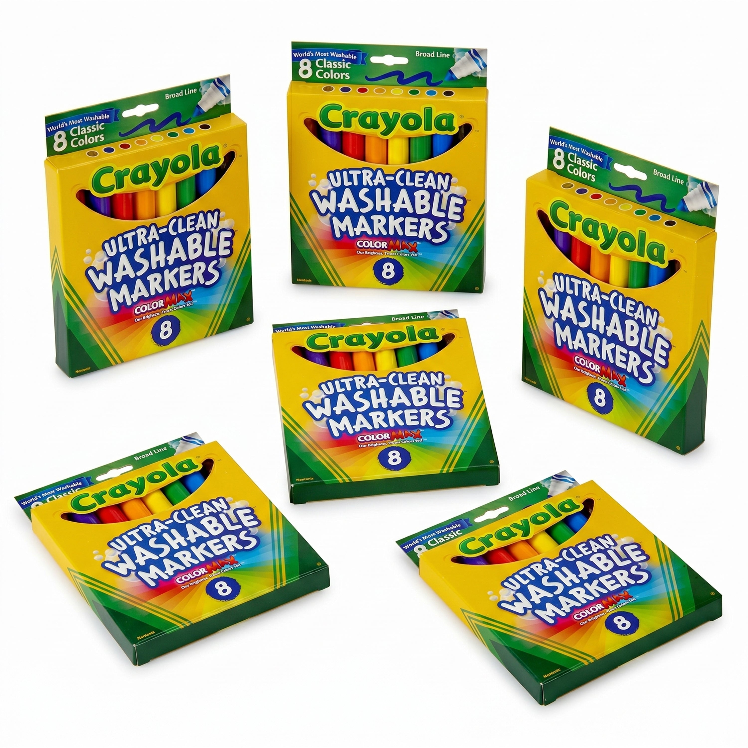 Multiple boxes of Crayola Ultra-Clean Washable Markers on a white background