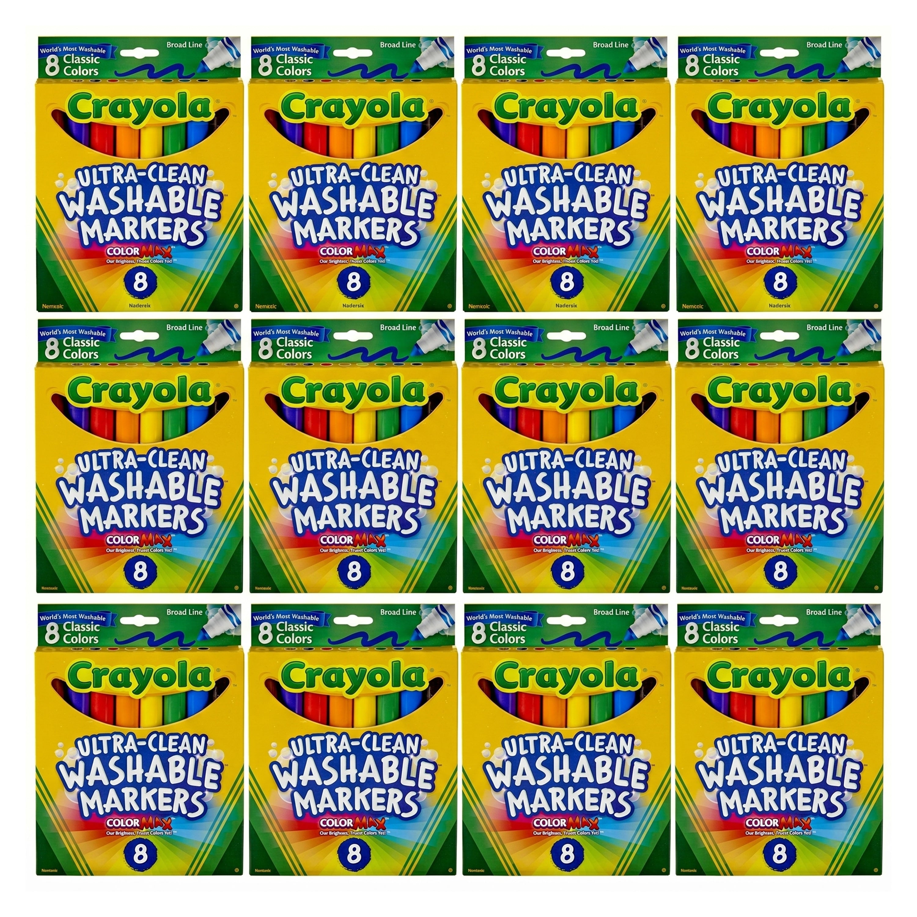 Bundle of Crayola Ultra-Clean Washable Markers packaging with colorful designs.