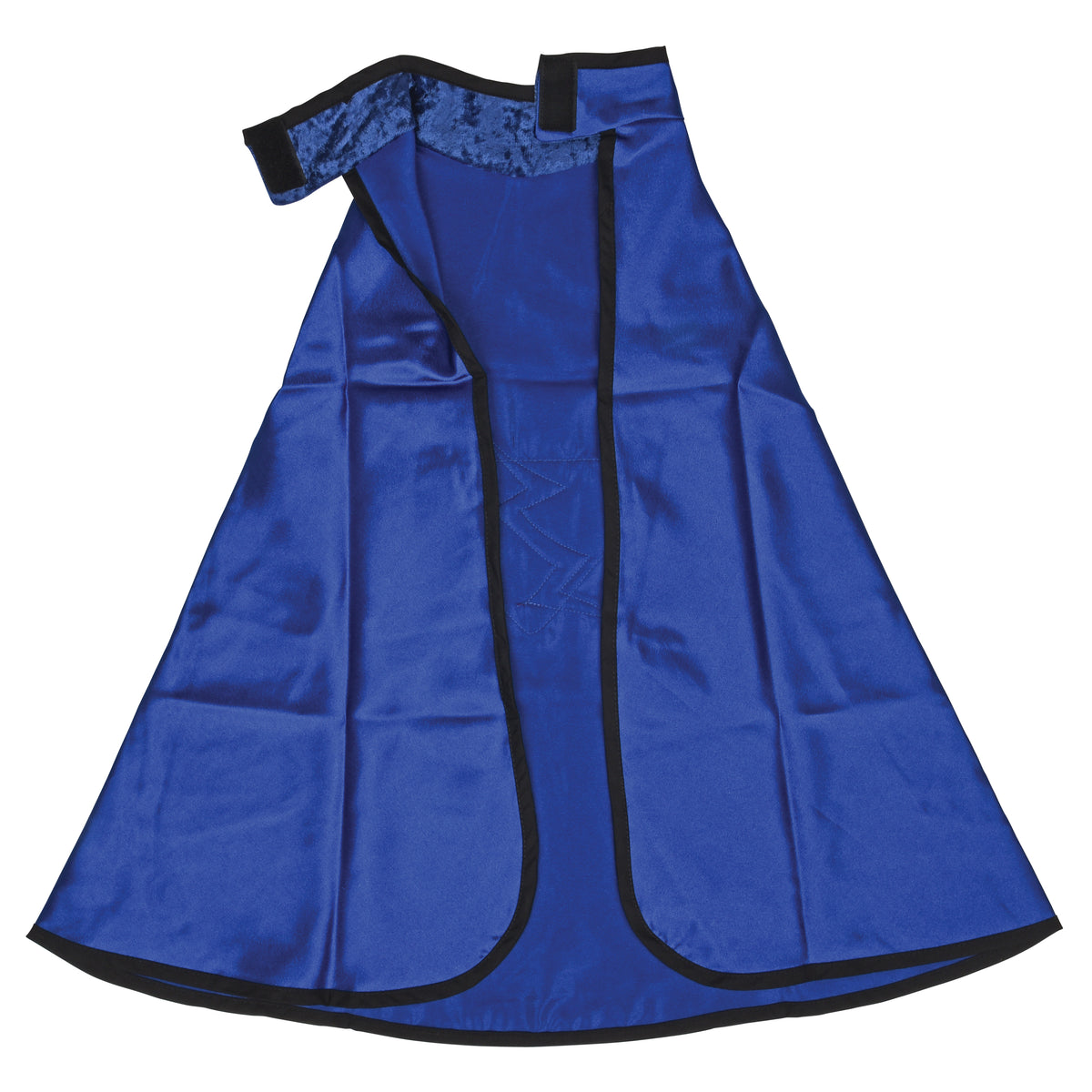 Interior view of blue kids superhero Adventure Cape with black trim and adjustable neck closure