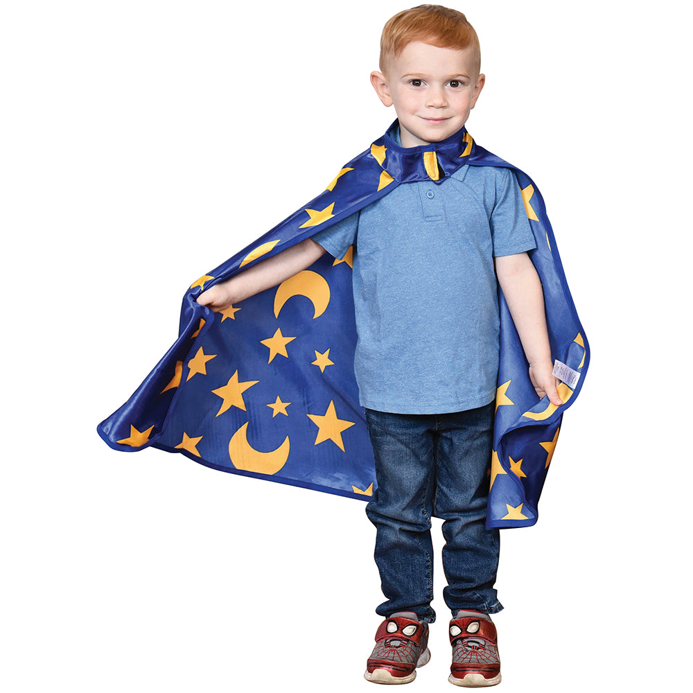 Kid Modeling Blue Cape With Stars & Moons