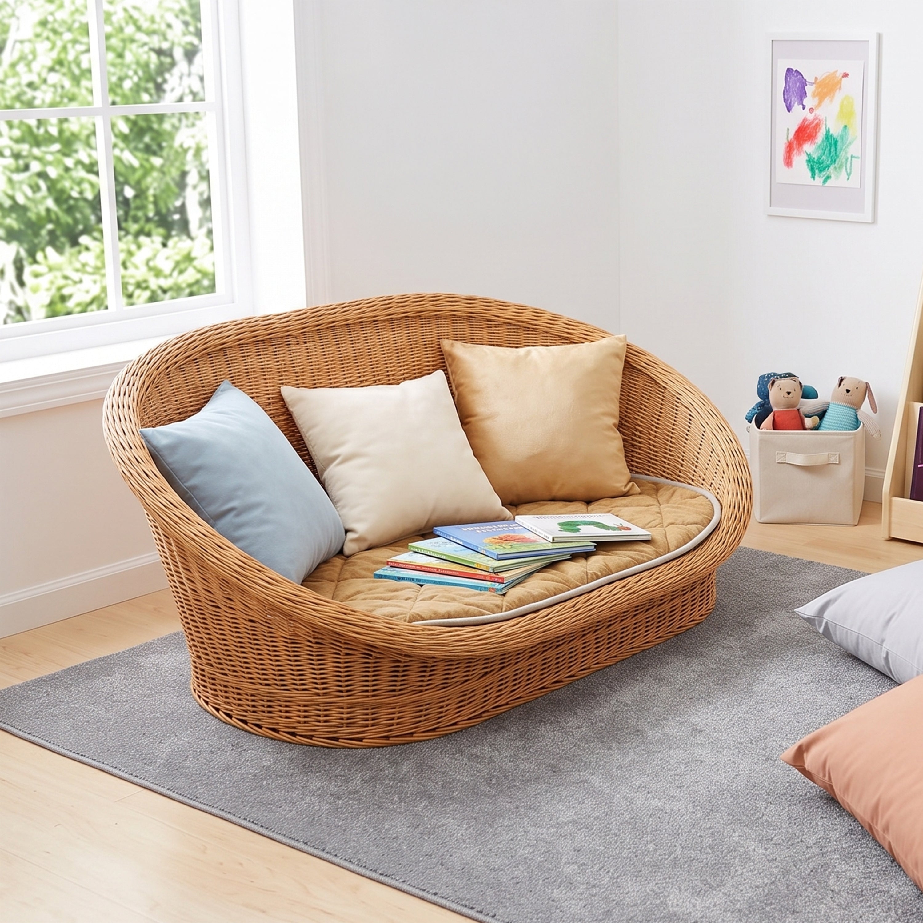 Wicker Reading Couch with Cushion | Natural Cosy Sofa Seating
