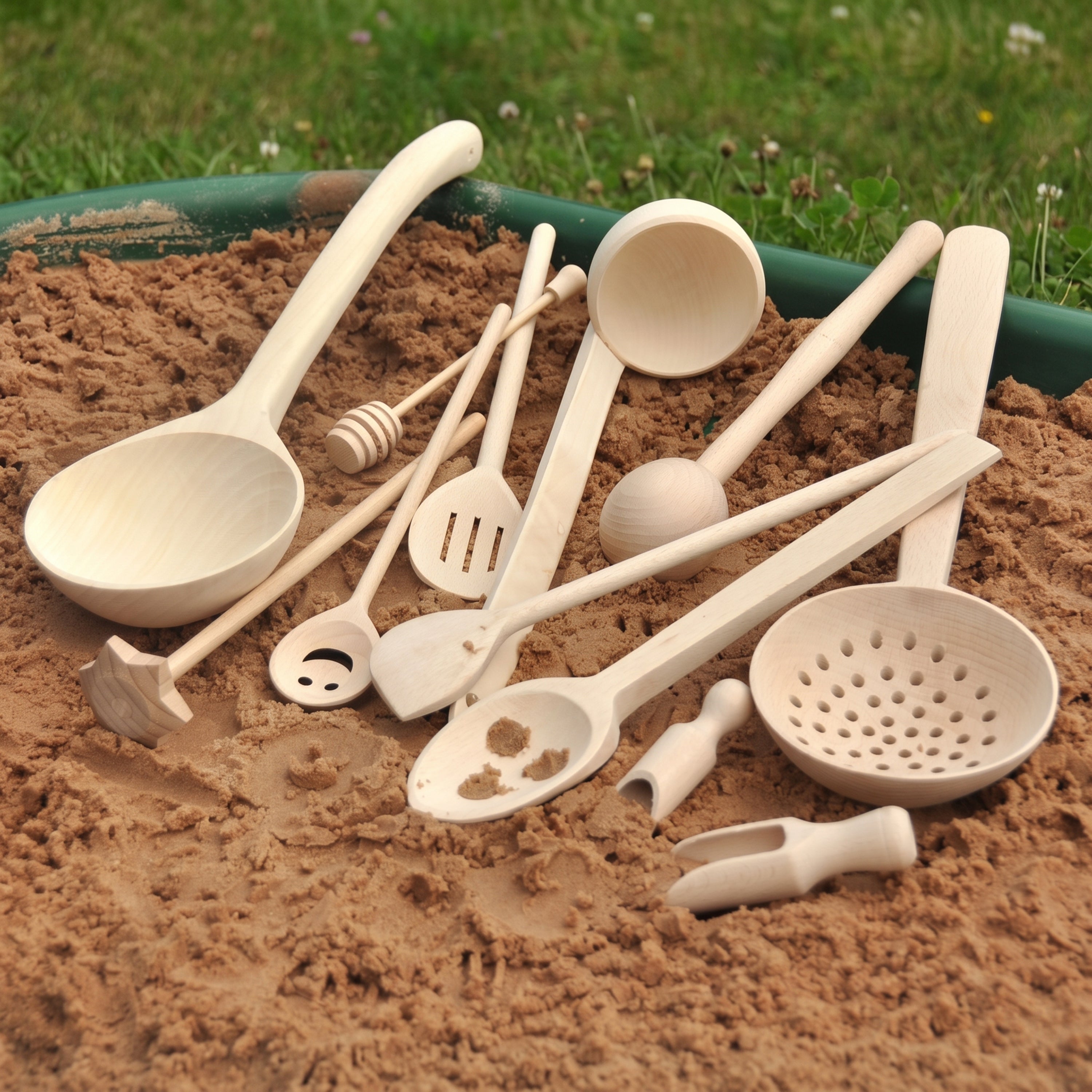 Sift Scoopers & Skimmers | 12-Piece Set of Wooden Sensory Exploration Tools for Sand, Water & Mud Play