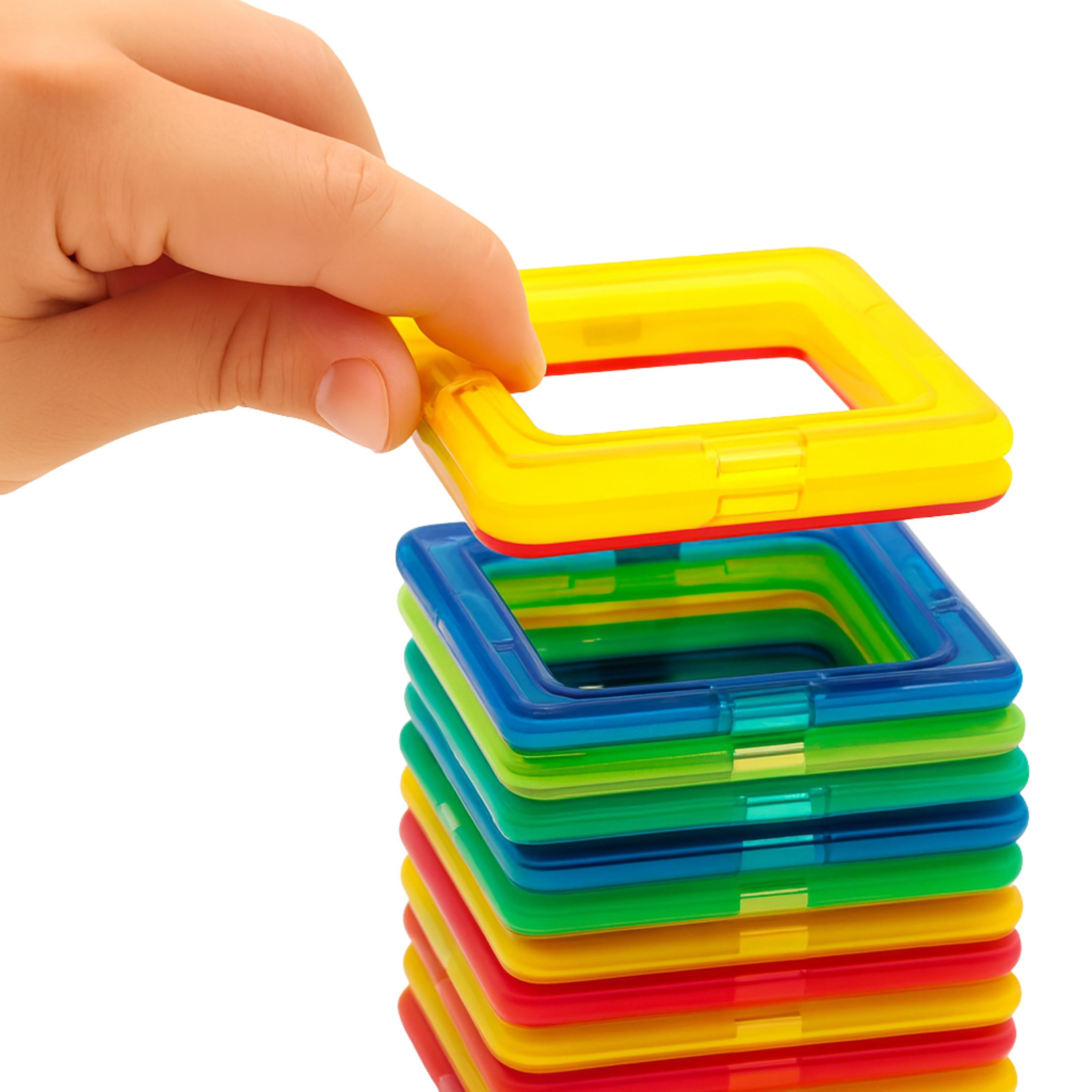 Stack of colorful transparent mag frames with a hand lifting one, on a white background