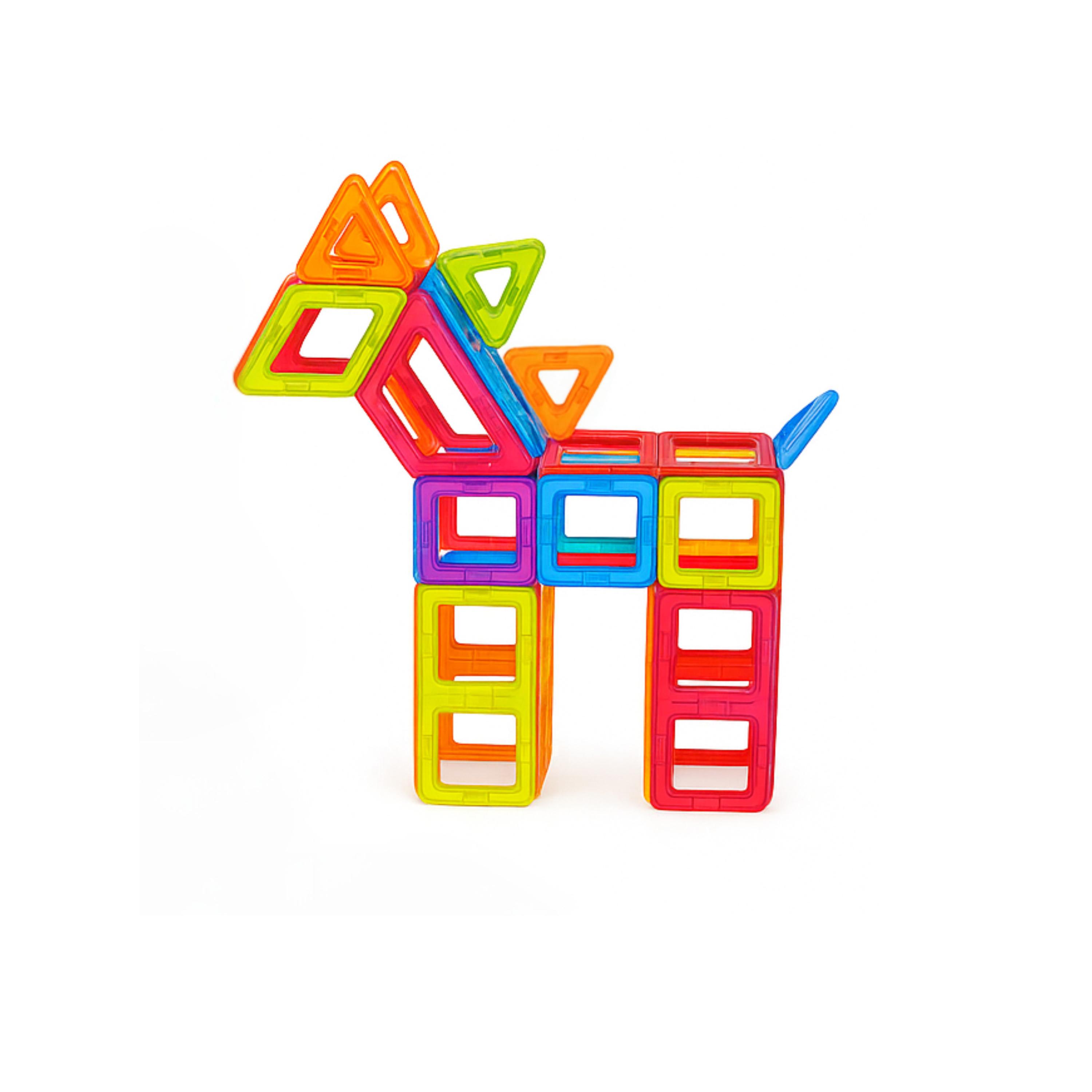 Colorful magnetic building block set shaped like a donkey on a white background