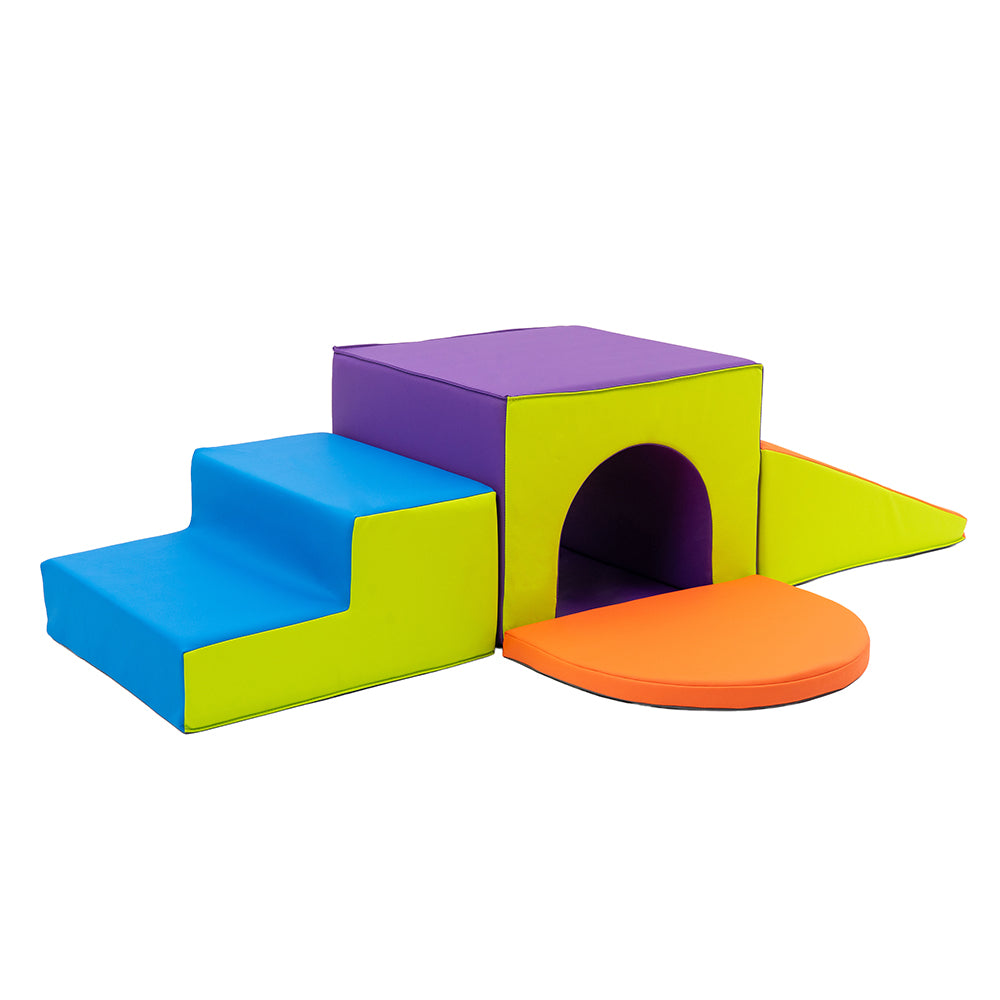 Colorful foam play structures on a white background