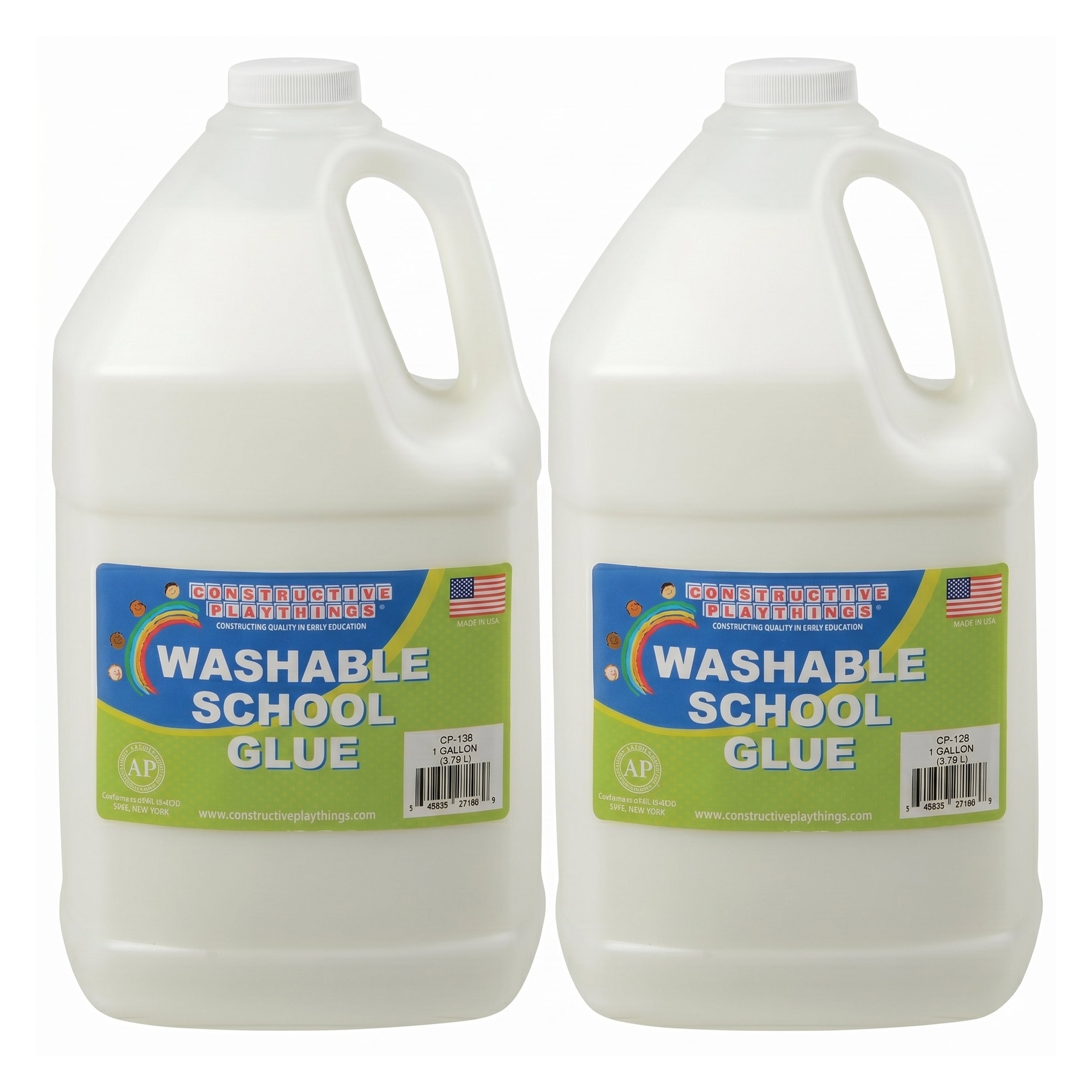 Two gallons of washable school glue on a white background
