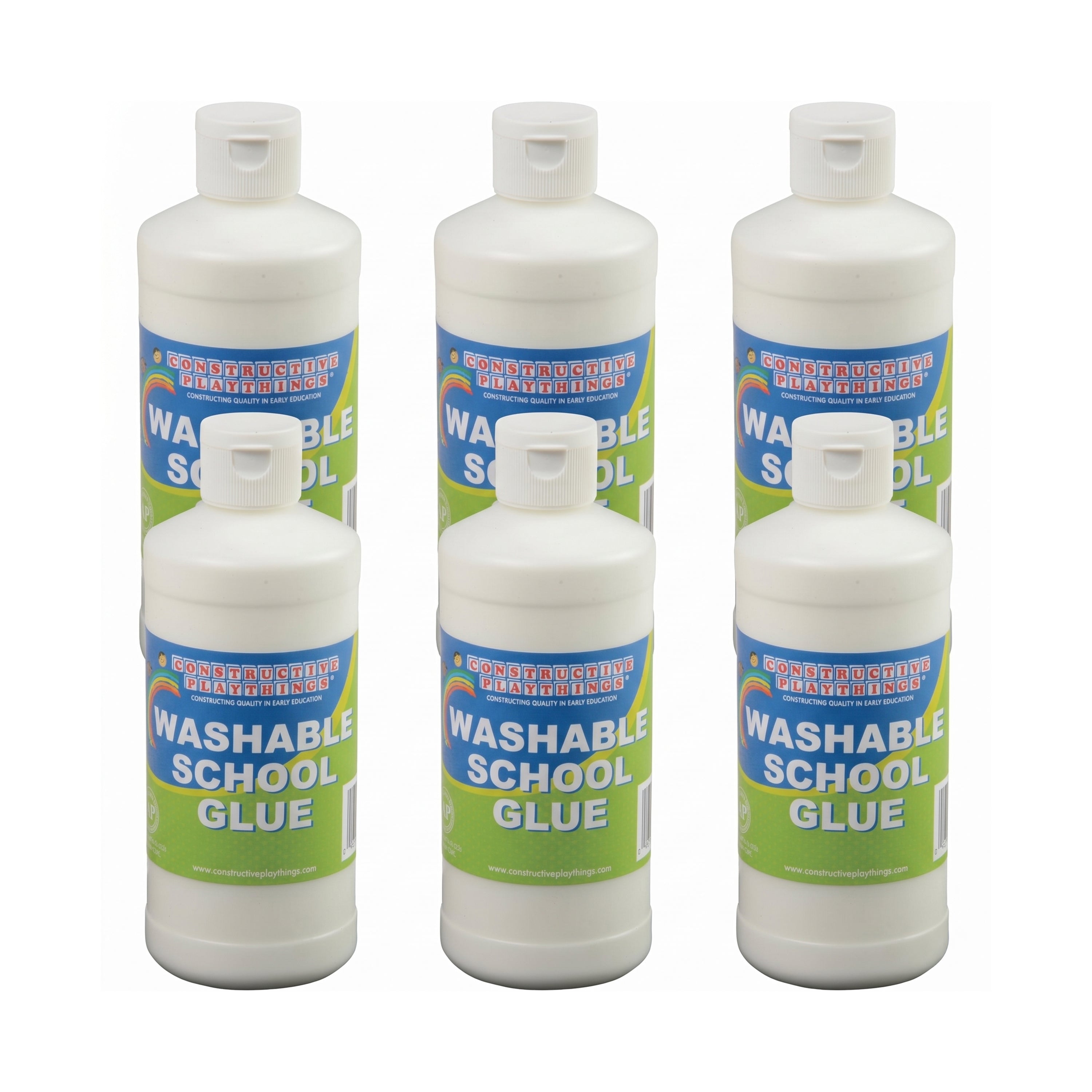 Six bottles of Washable School Glue on a white background
