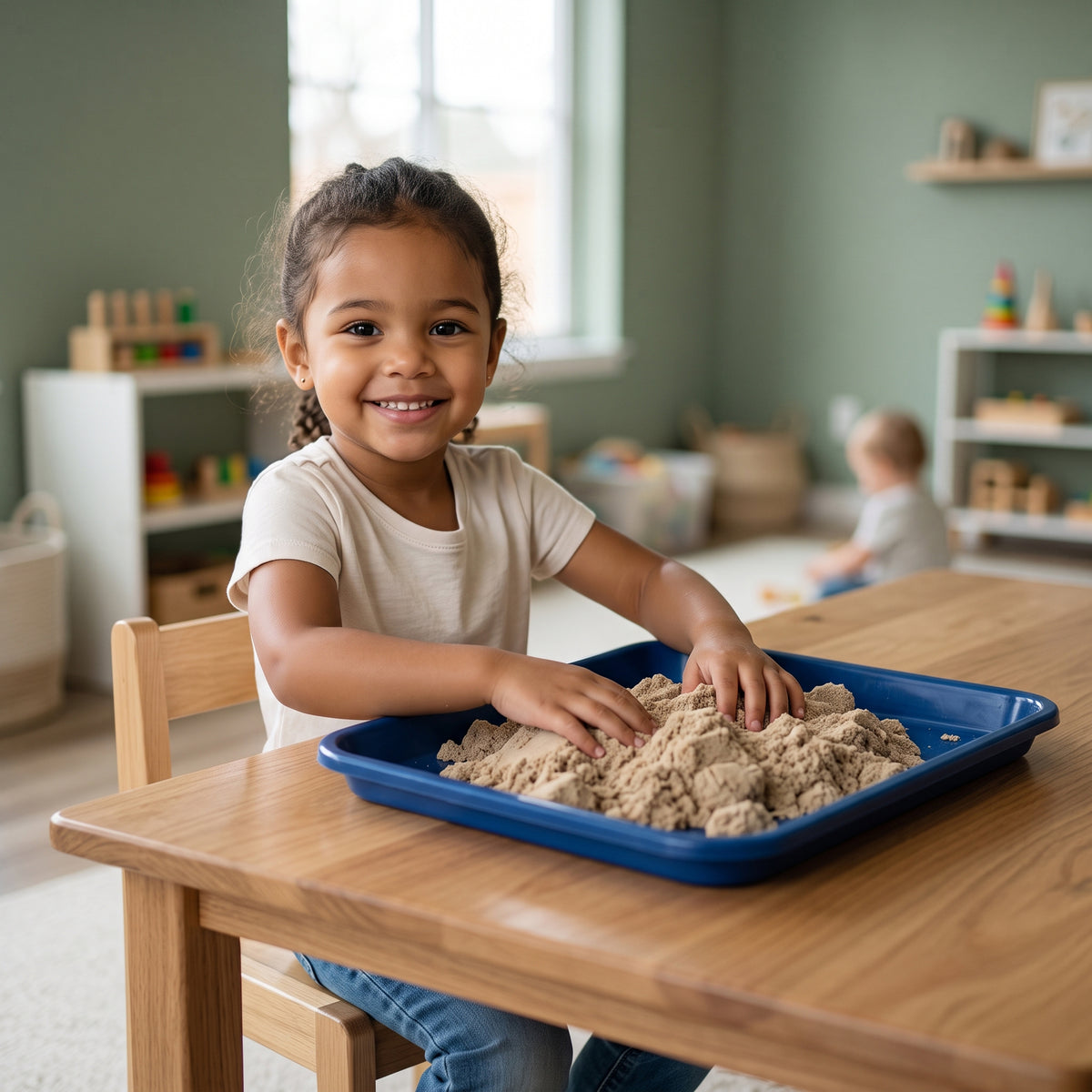 Child playing with Wonder Flow Sensory Sand in a blue tray at a classroom activity table
