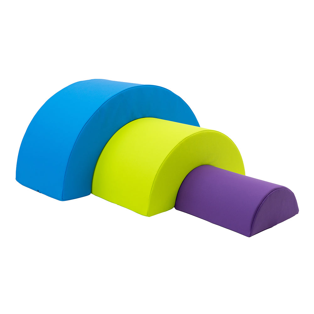 Three colorful foam arches in blue, green, and purple on a white background