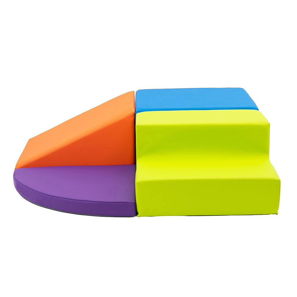 Colorful foam block toy with orange, blue, green, and purple sections on a white background