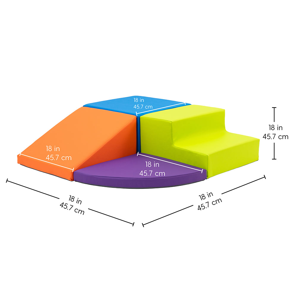 Colorful geometric foam blocks with measurements on a white background