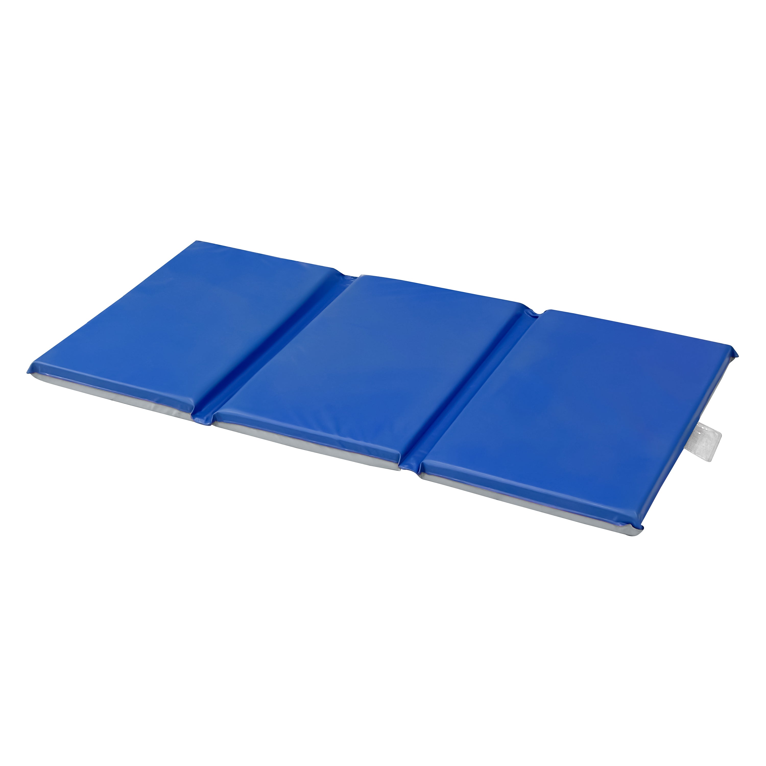 Blue foam mat with a white border on a white background