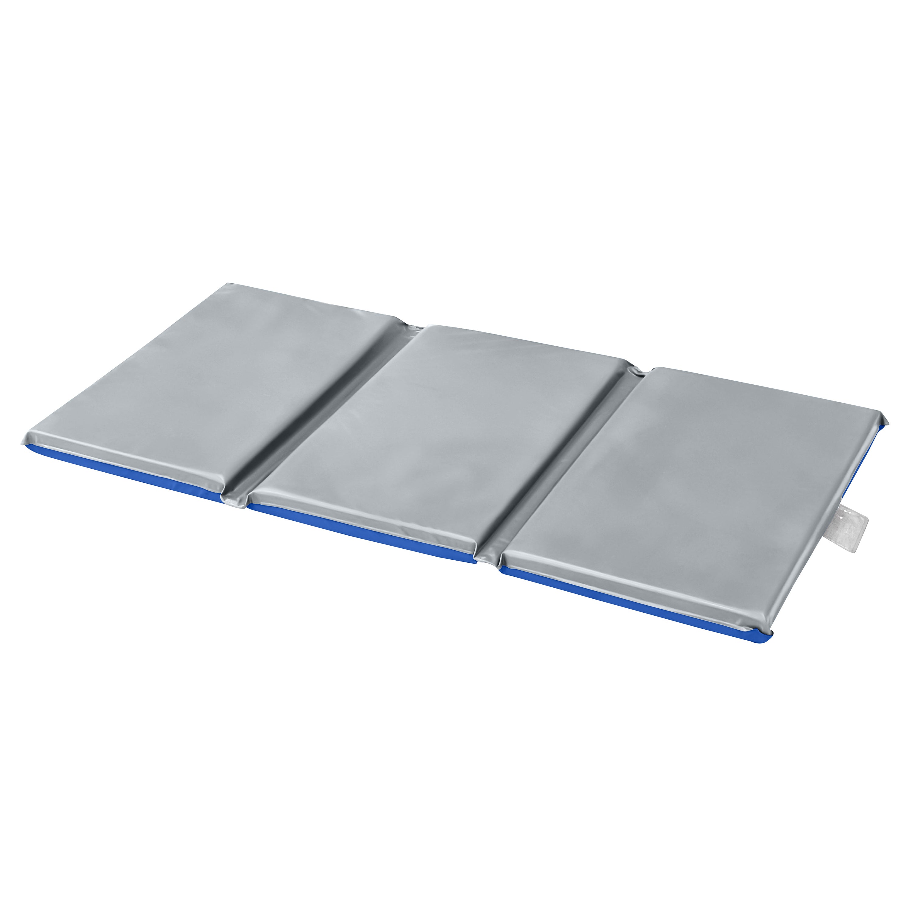 Foldable metallic mat with blue edges on a white background