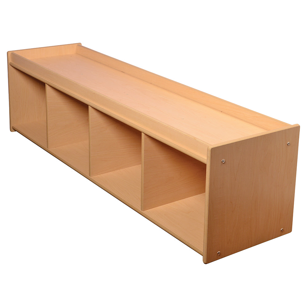 Side View of Toddler-Sized Open Storage Unit with Lip Edge | 60” Baltic Birch Shelf and Work Surface