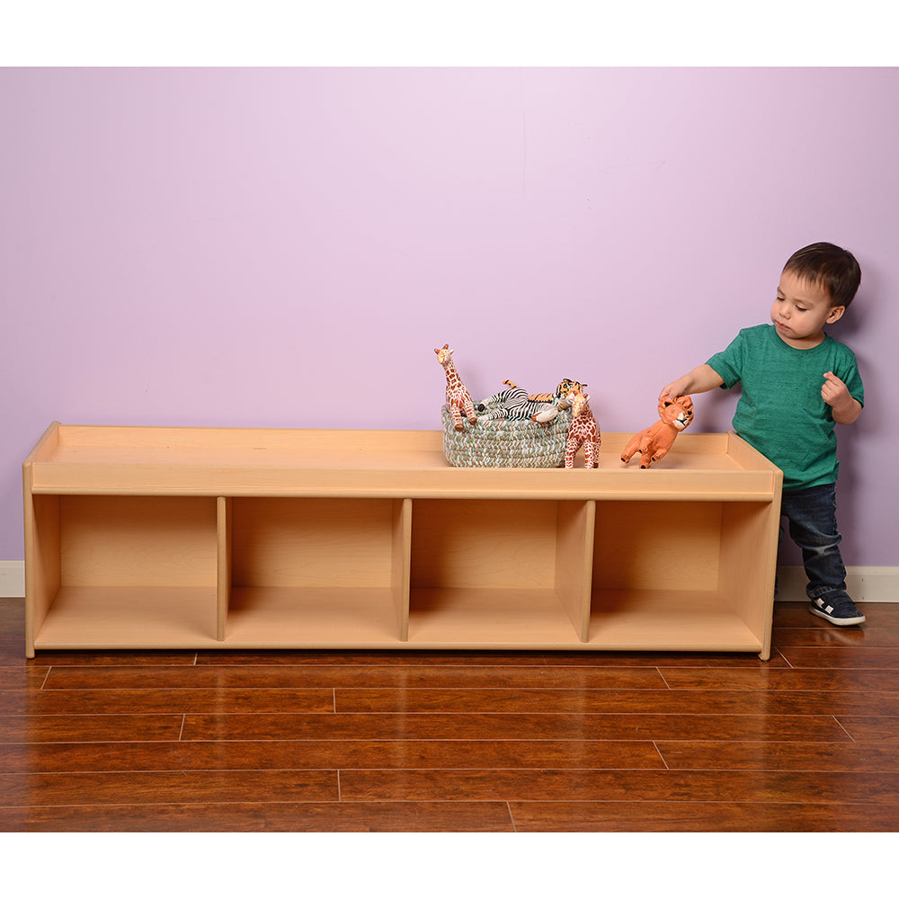 Toddler Playing with Toys on Top of Open Storage Unit with Lip Edge | 60” Baltic Birch Shelf and Work Surface