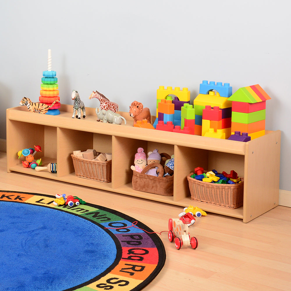 Toddler-Sized Open Storage Unit with Lip Edge Used In the Classroom for Toys