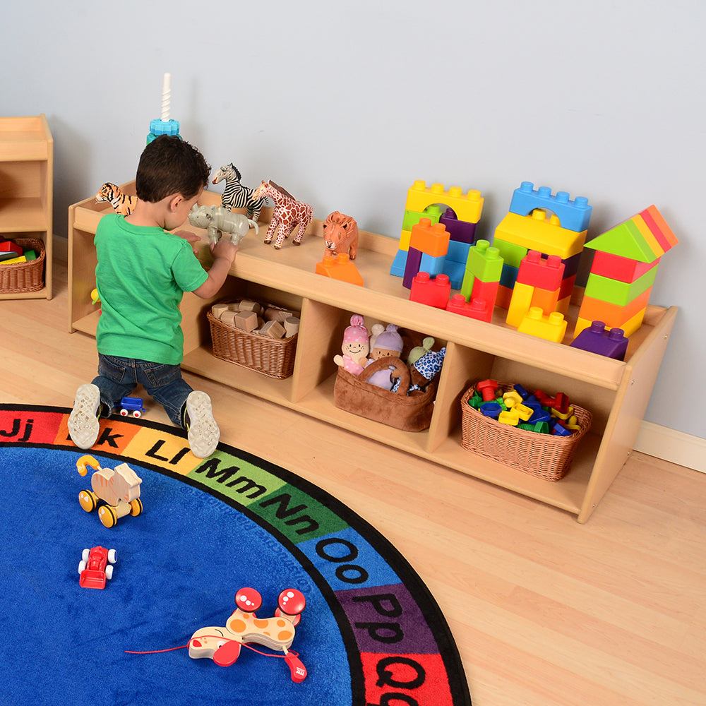 Low to the Floor Open Storage Unit with Lip Edge Used In the Classroom for Toys