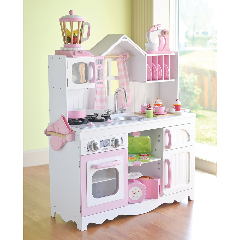 Wooden Play Kitchen with Burners, Sink & Curtains in the Classroom