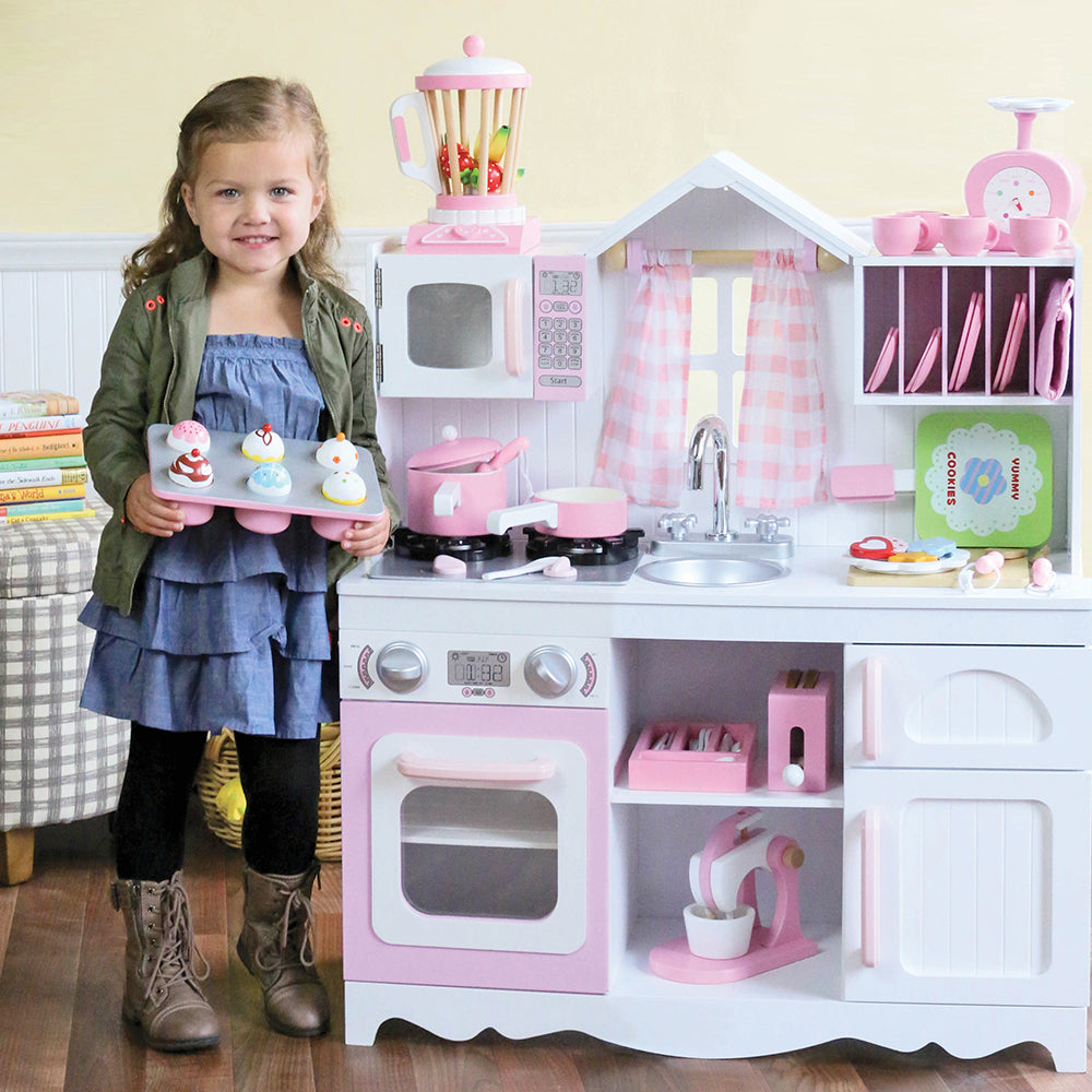 Wooden Play Kitchen with Burners, Sink & Curtains in the Classroom with Accessories