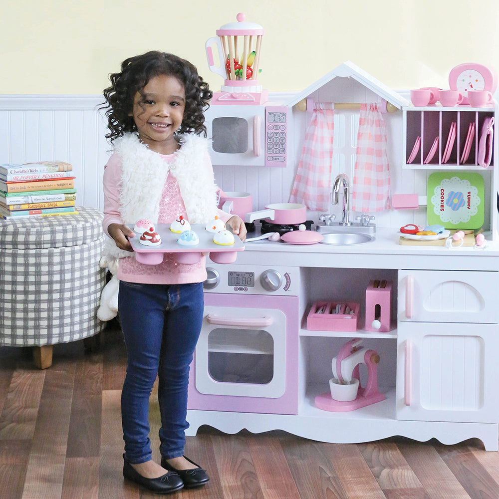 Wooden Play Kitchen with Burners, Sink & Curtains in the Classroom with Accessories