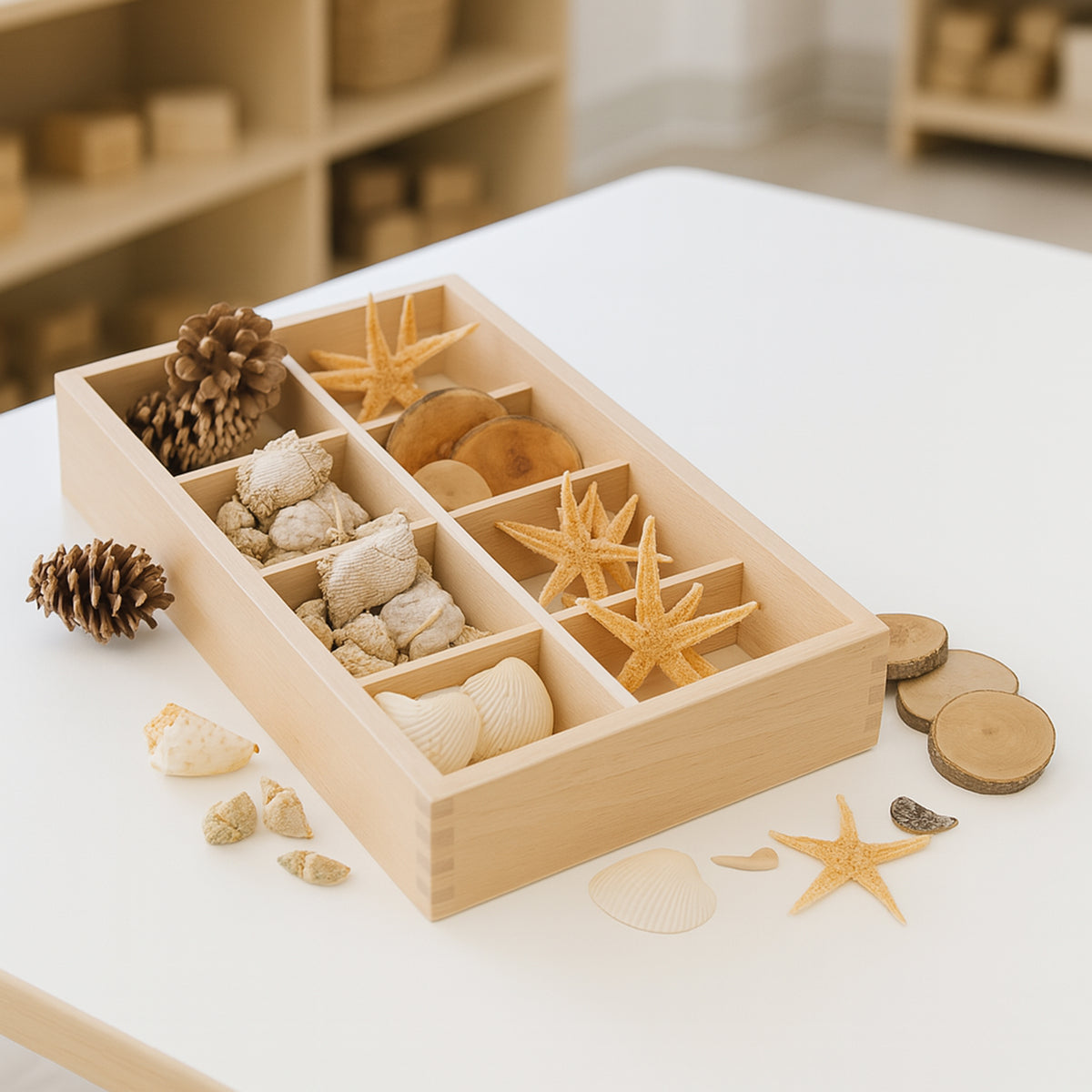 Includes Star Fish, Seashells, Pine Cones, and Tree Rings to sort and
