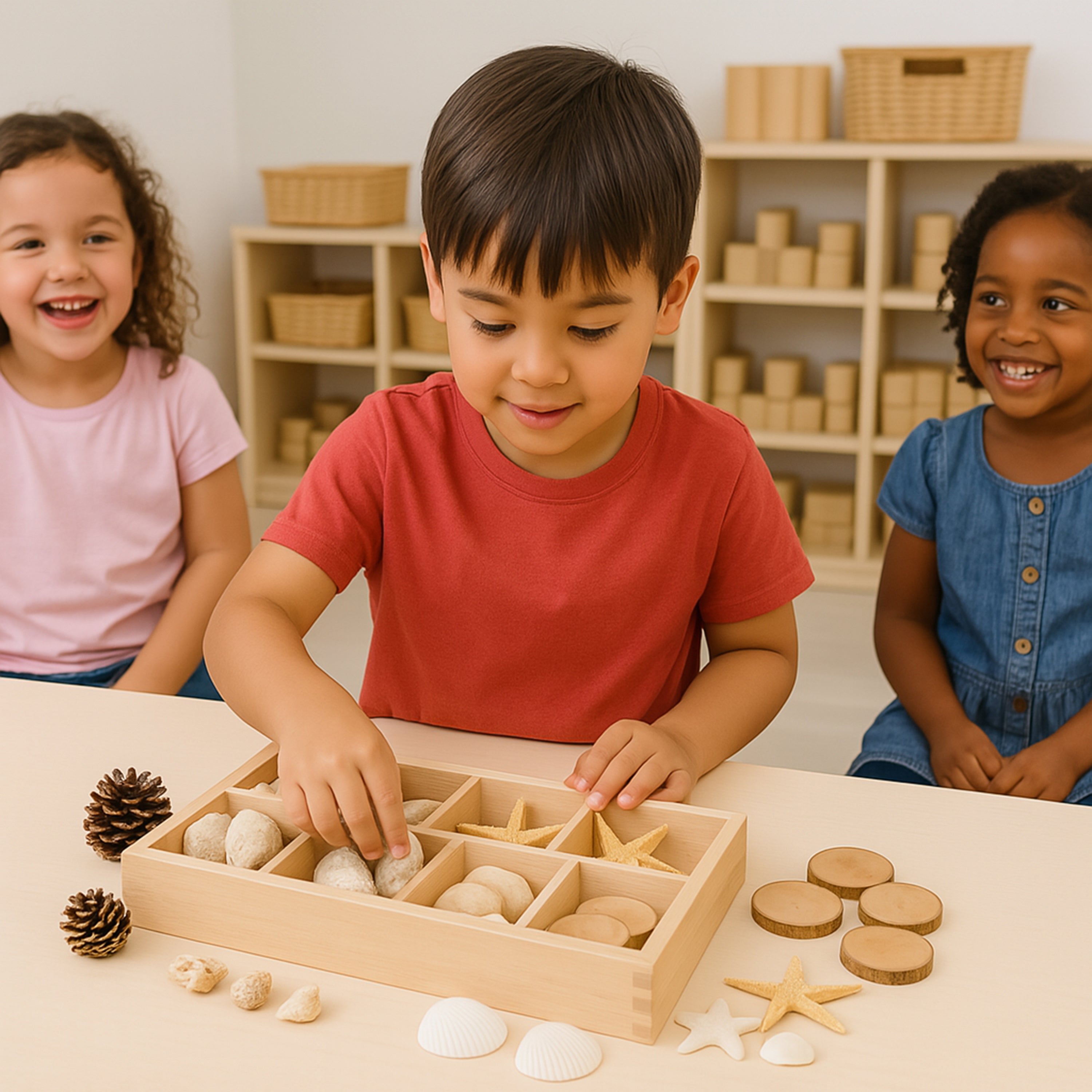 Includes Star Fish, Seashells, Pine Cones, and Tree Rings to sort and classify in the included Wood Sorting Box.