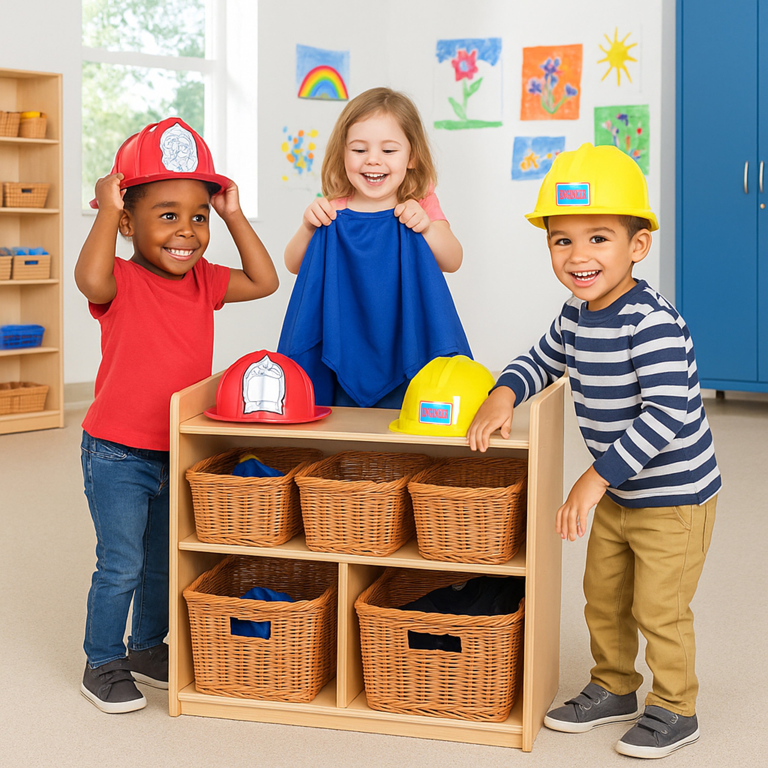 Children playing with costumes and hats in a classroom setting