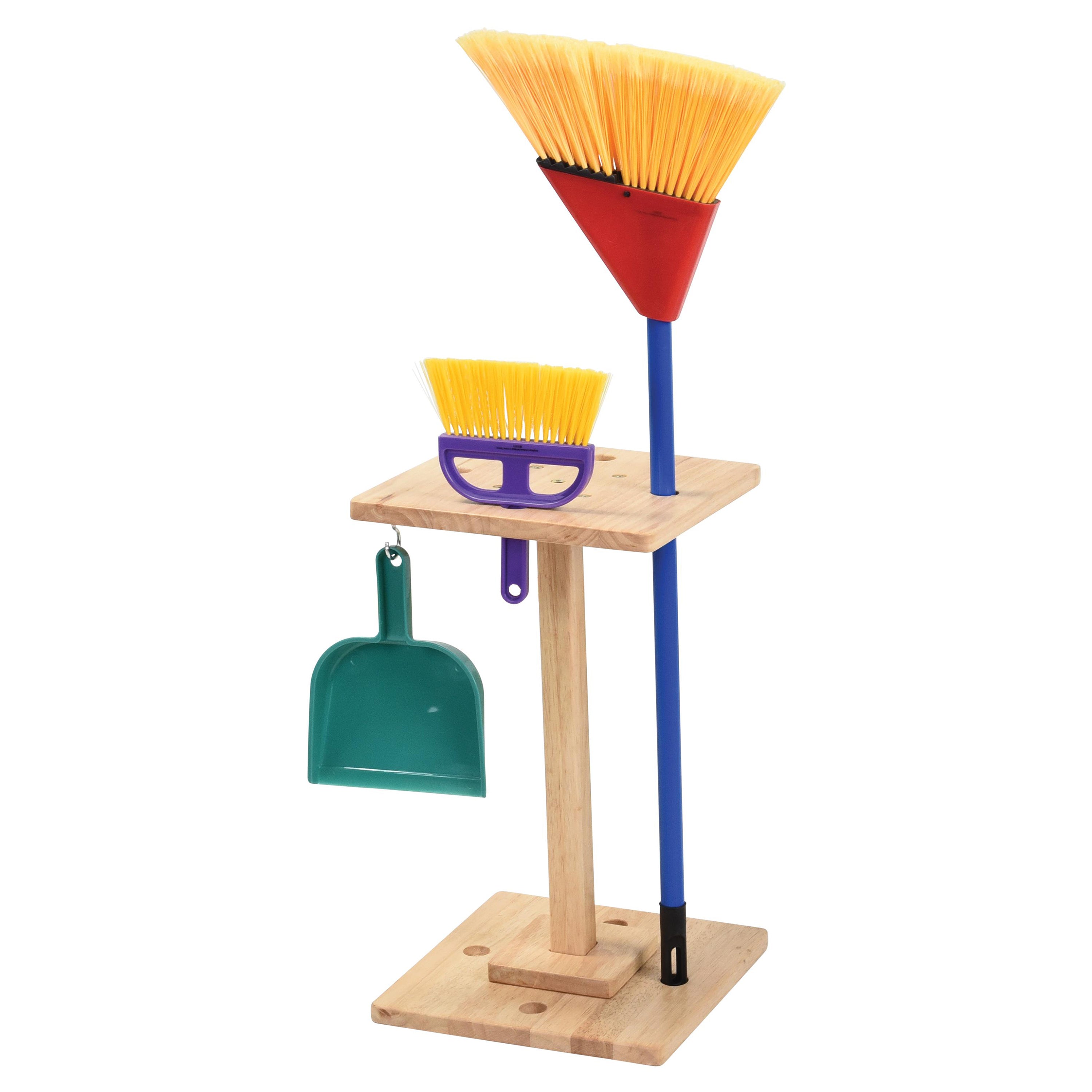 Children's broom, dustpan, and brush set on a wooden stand with colorful handles.