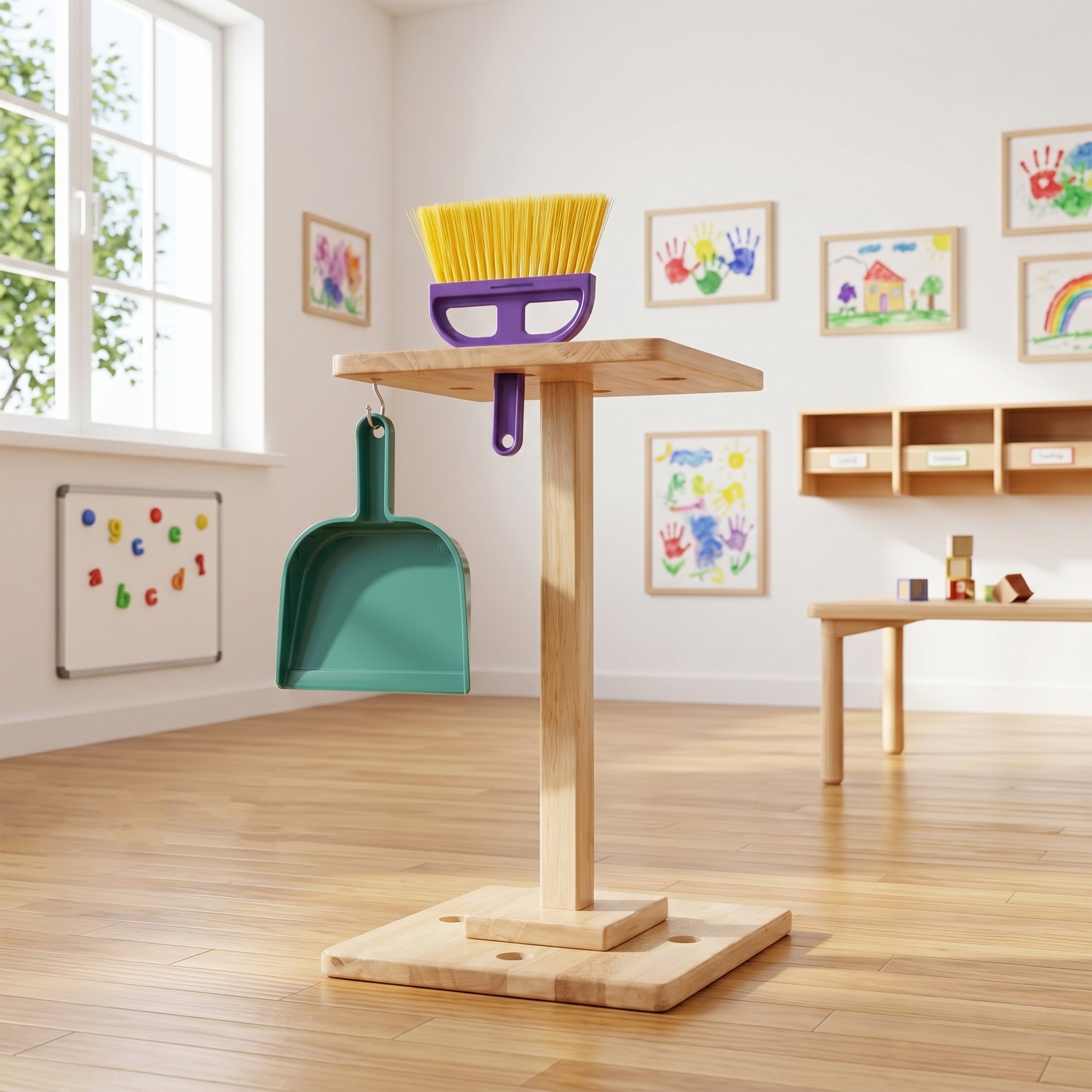 Cleaning Set with Small Broom, Dustpan & Stand in classroom