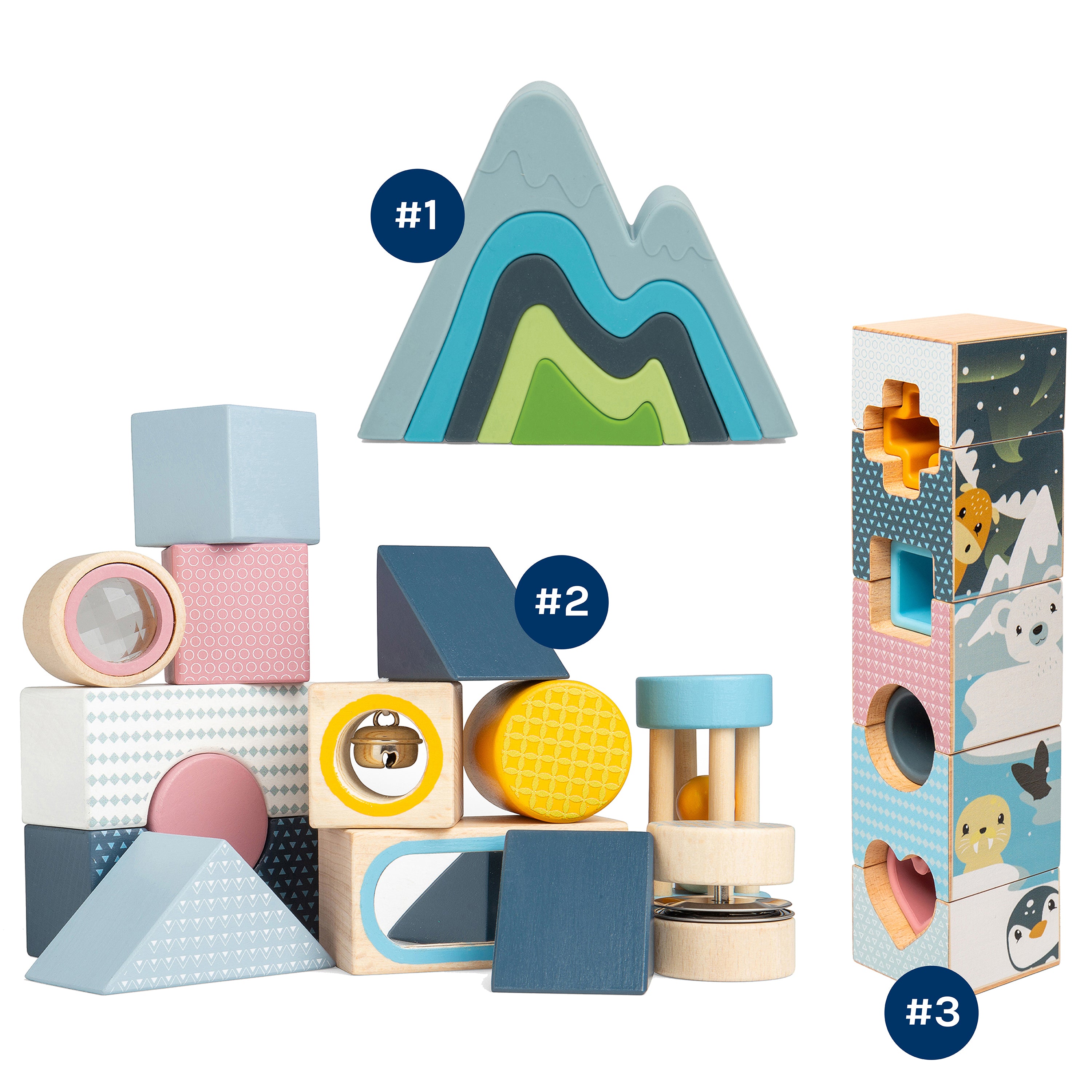 Colorful wooden blocks with different shapes and a box of blocks on a white background