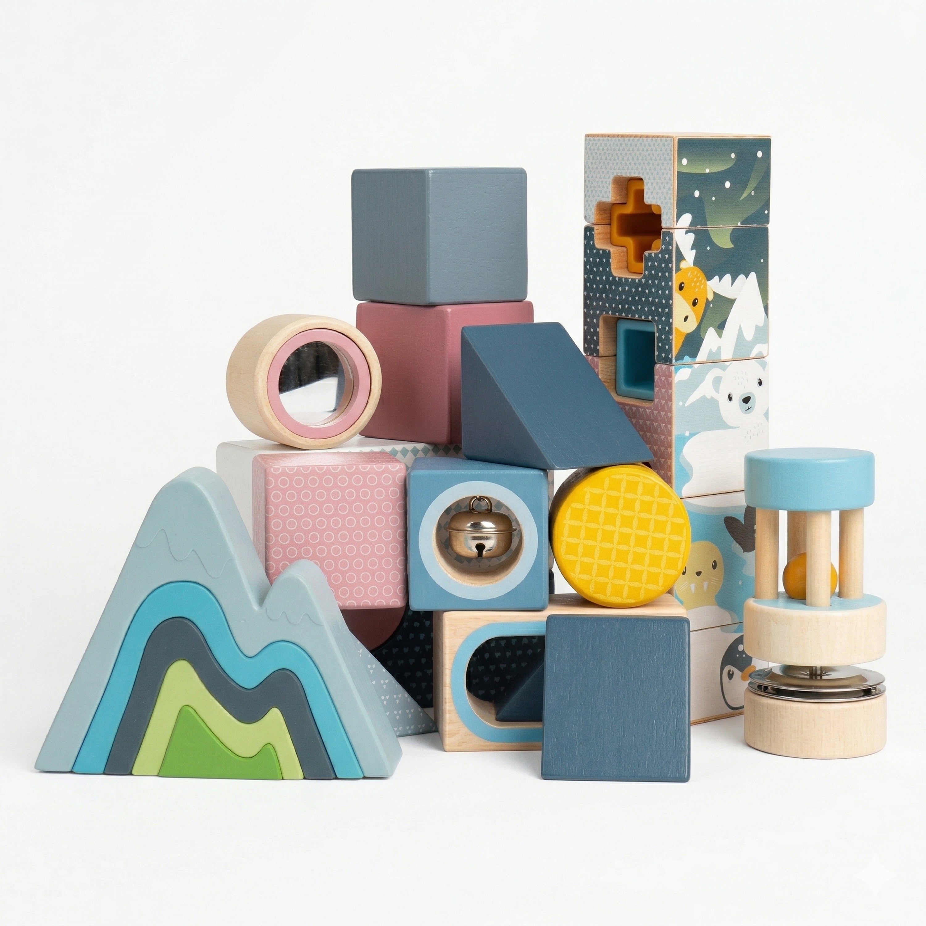 Colorful wooden blocks and toys on a white background