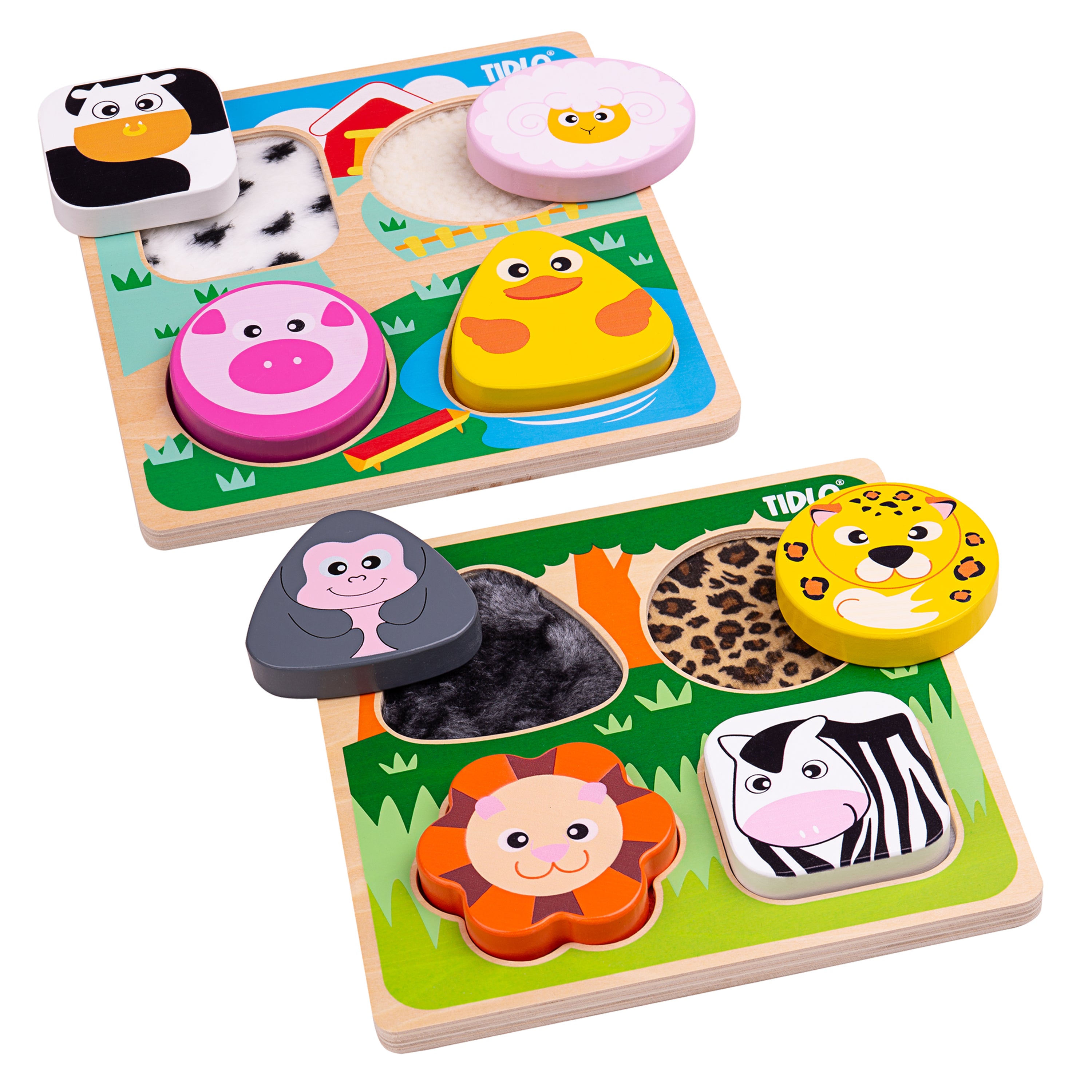 Two wooden puzzle toys with animal faces and shapes on a white background