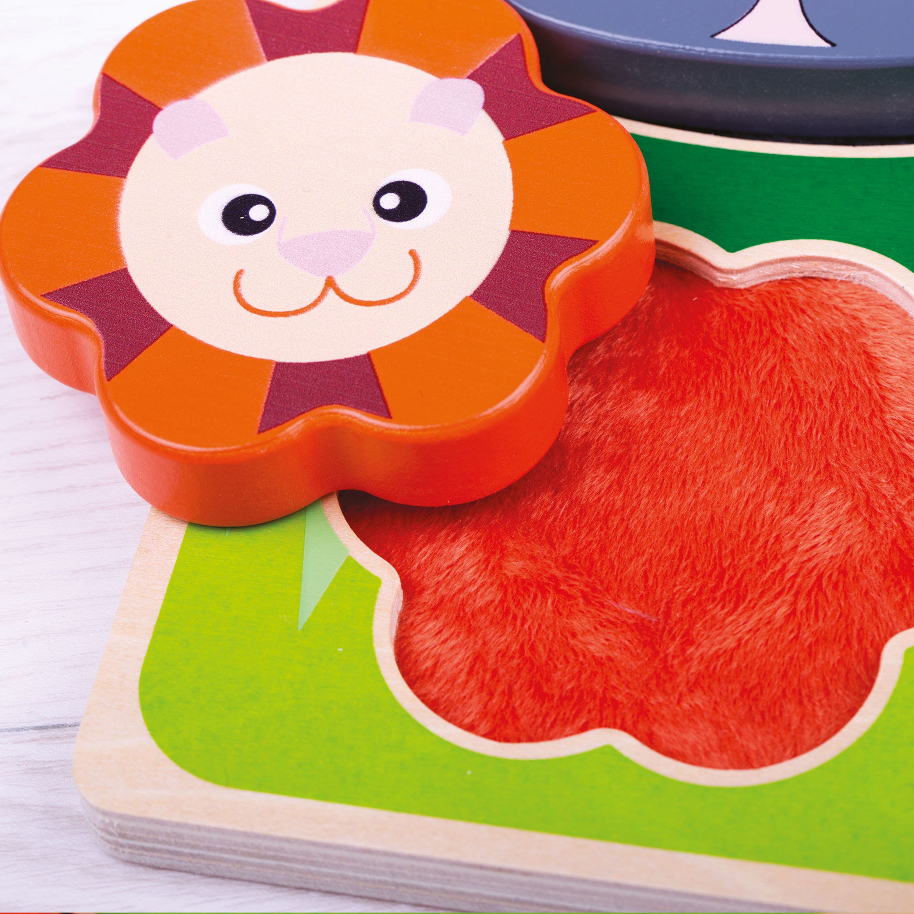 Wooden toy with a lion design on a white background